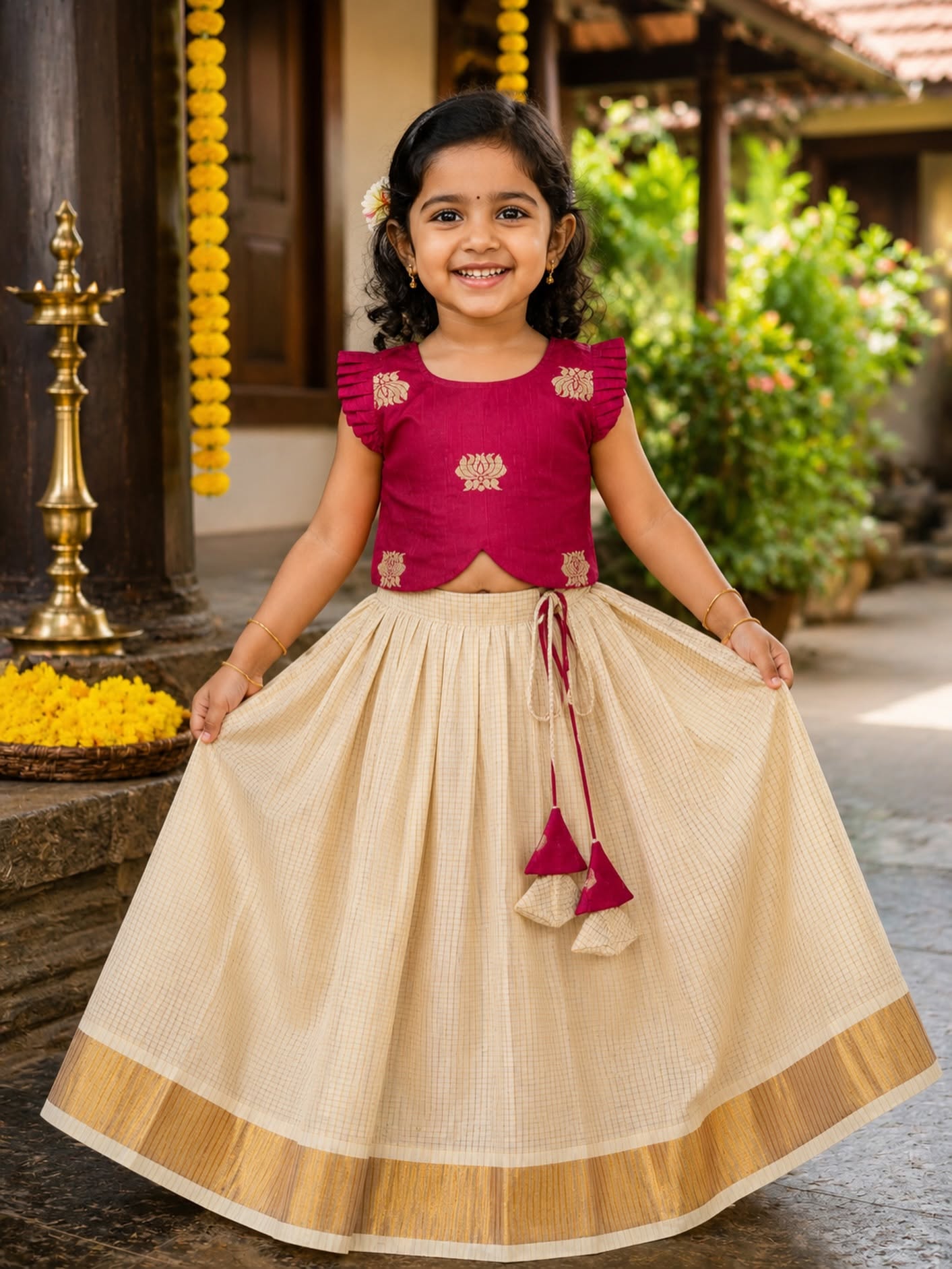 Premium Kasavu Small Checked Tissue Silk & Pink Lotus Weaving Raw Silk Top - DARSHANA - TINY THUMBI