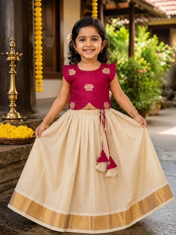 Premium Kasavu Small Checked Tissue Silk & Pink Lotus Weaving Raw Silk Top - DARSHANA - TINY THUMBI