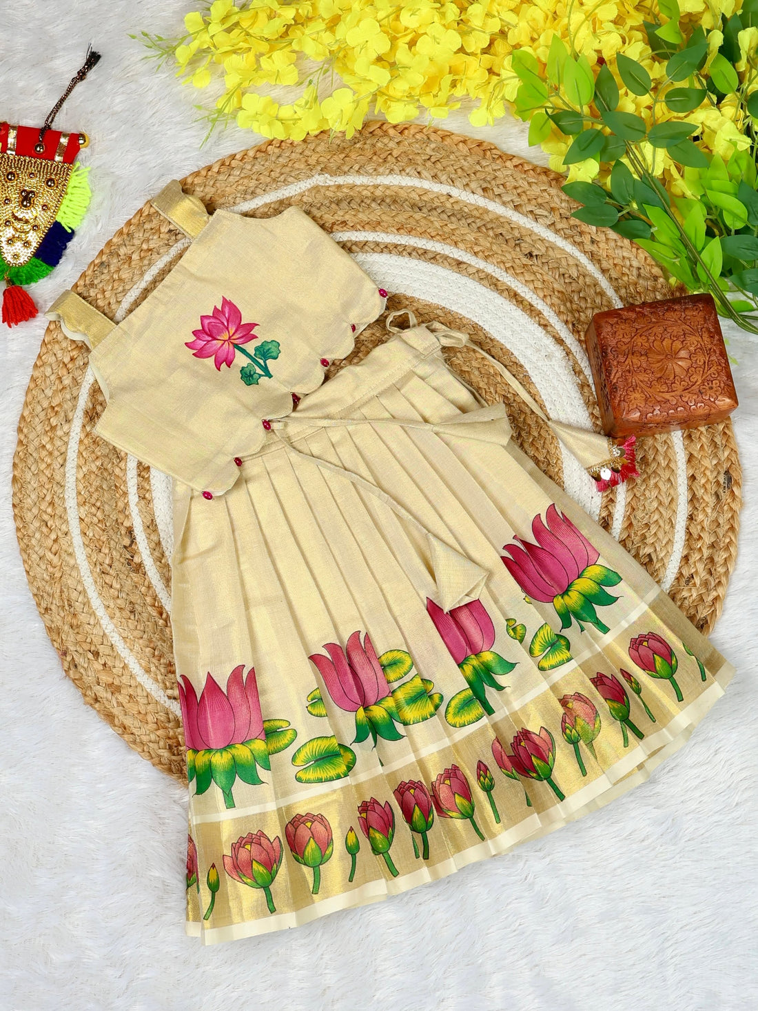 Premium Kasavu Tissue Silk Cotton Top & Skirt Set - THAMARAI - TINY THUMBI
