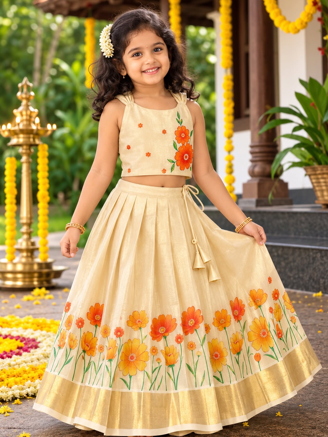 Premium Kasavu Tissue Silk Cotton Top & Skirt Set - POOVIZHI - TINY THUMBI
