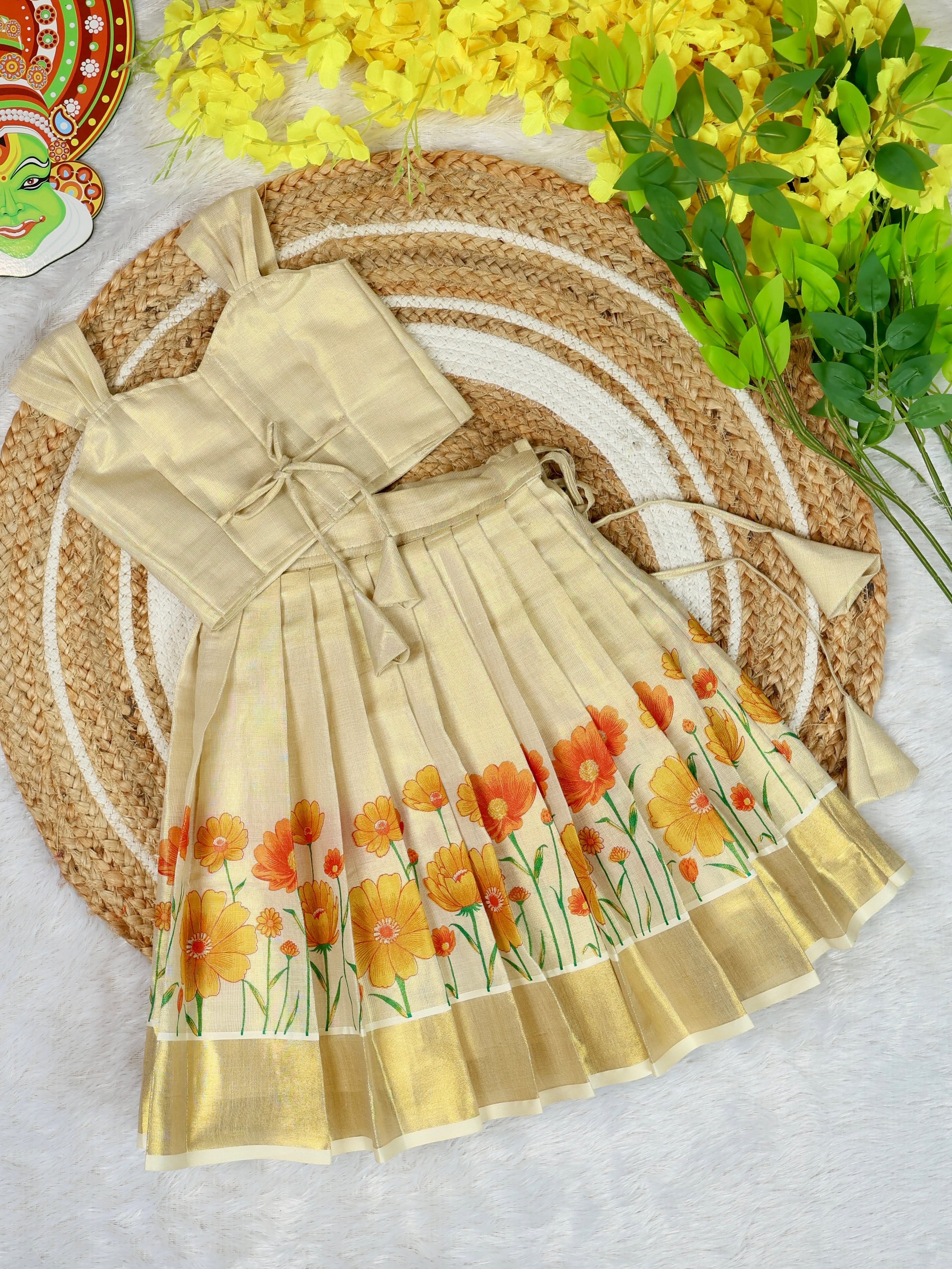 Premium Kasavu Tissue Silk Cotton Top & Skirt Set - POOVIZHI - TINY THUMBI