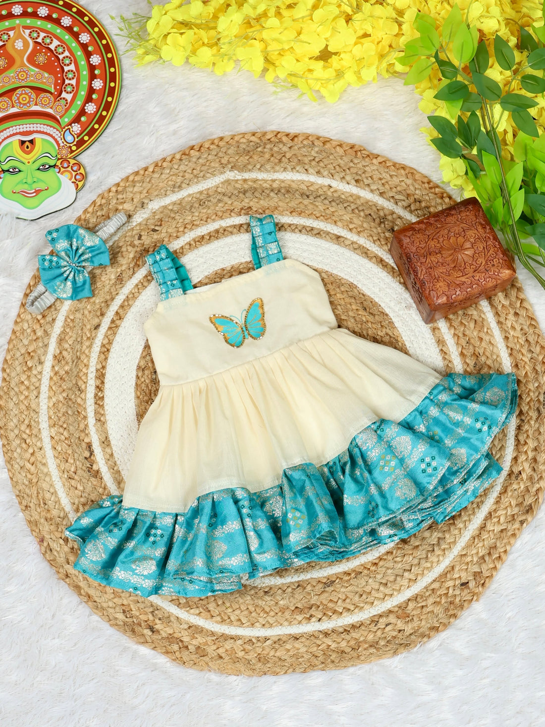 Premium Kasavu Cotton Light Blue Banarasi Layered Frock - Noolukettu Special