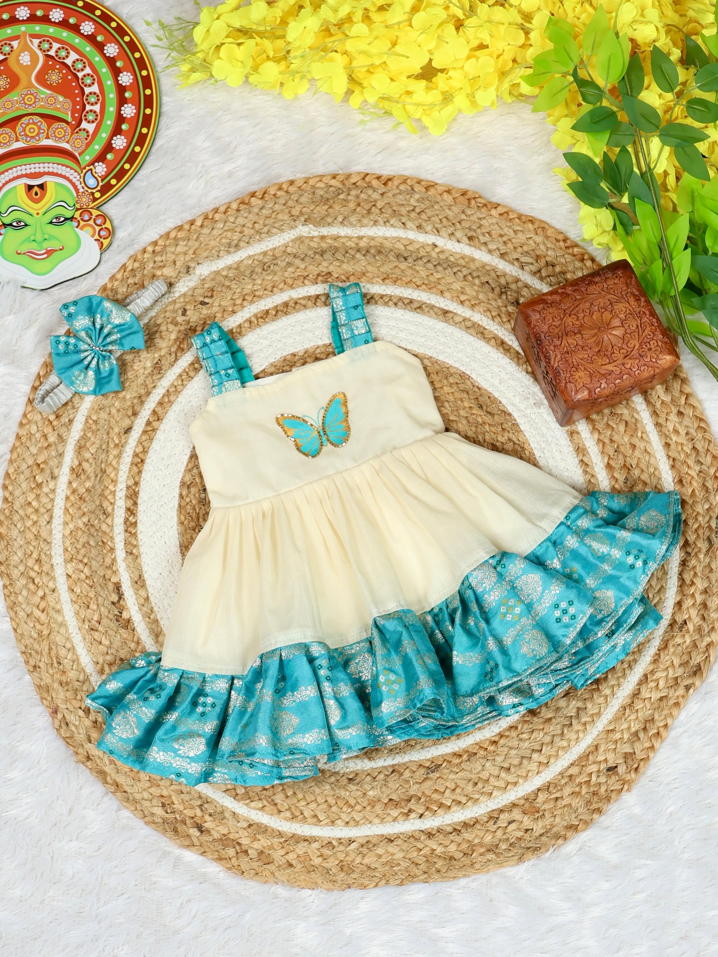 Premium Kasavu Cotton Light Blue Banarasi Layered Frock - Noolukettu Special