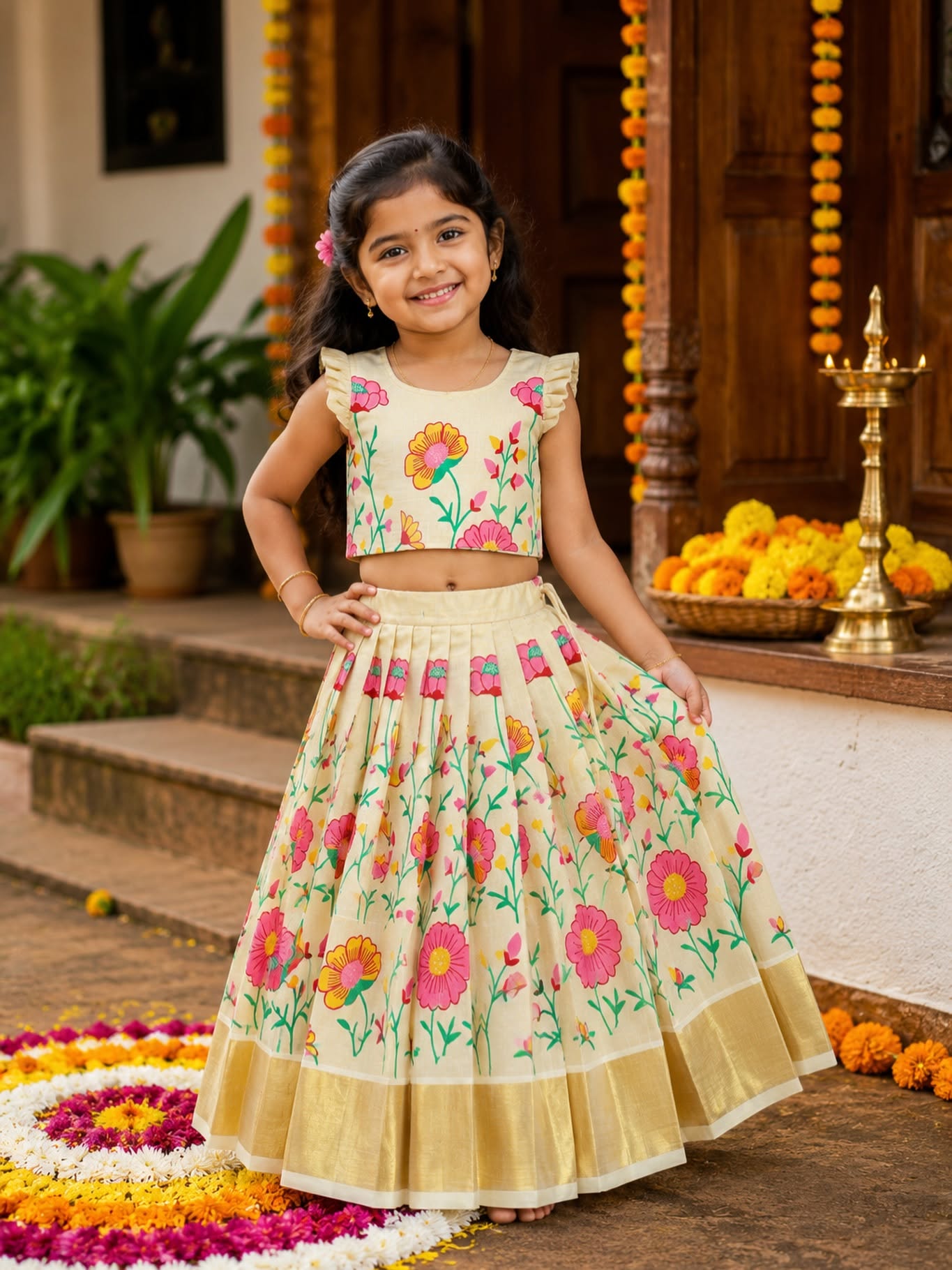 Premium Kasavu Tissue Silk Floral Motifs Top & Skirt - MALAR KODI- TINY THUMBI