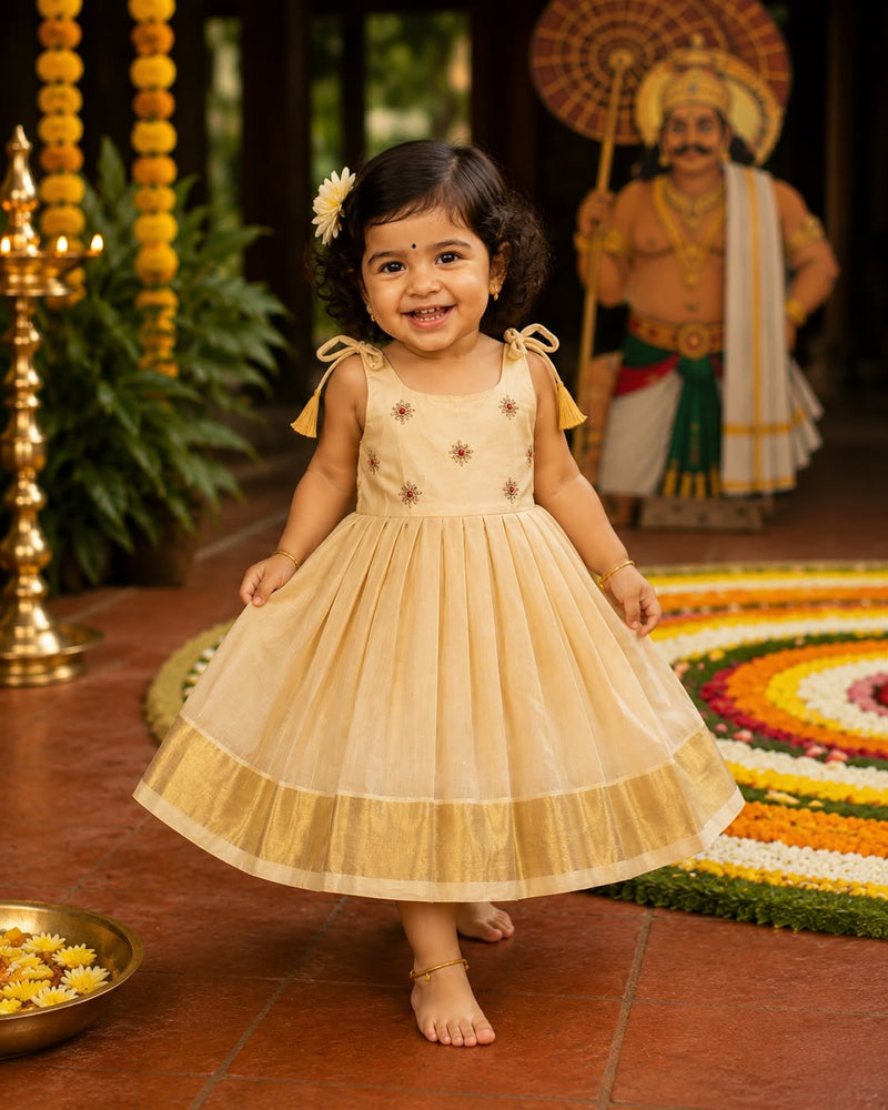 Premium Kasavu Cotton Tie-Up Frock - Handwork in Top- TINY THUMBI