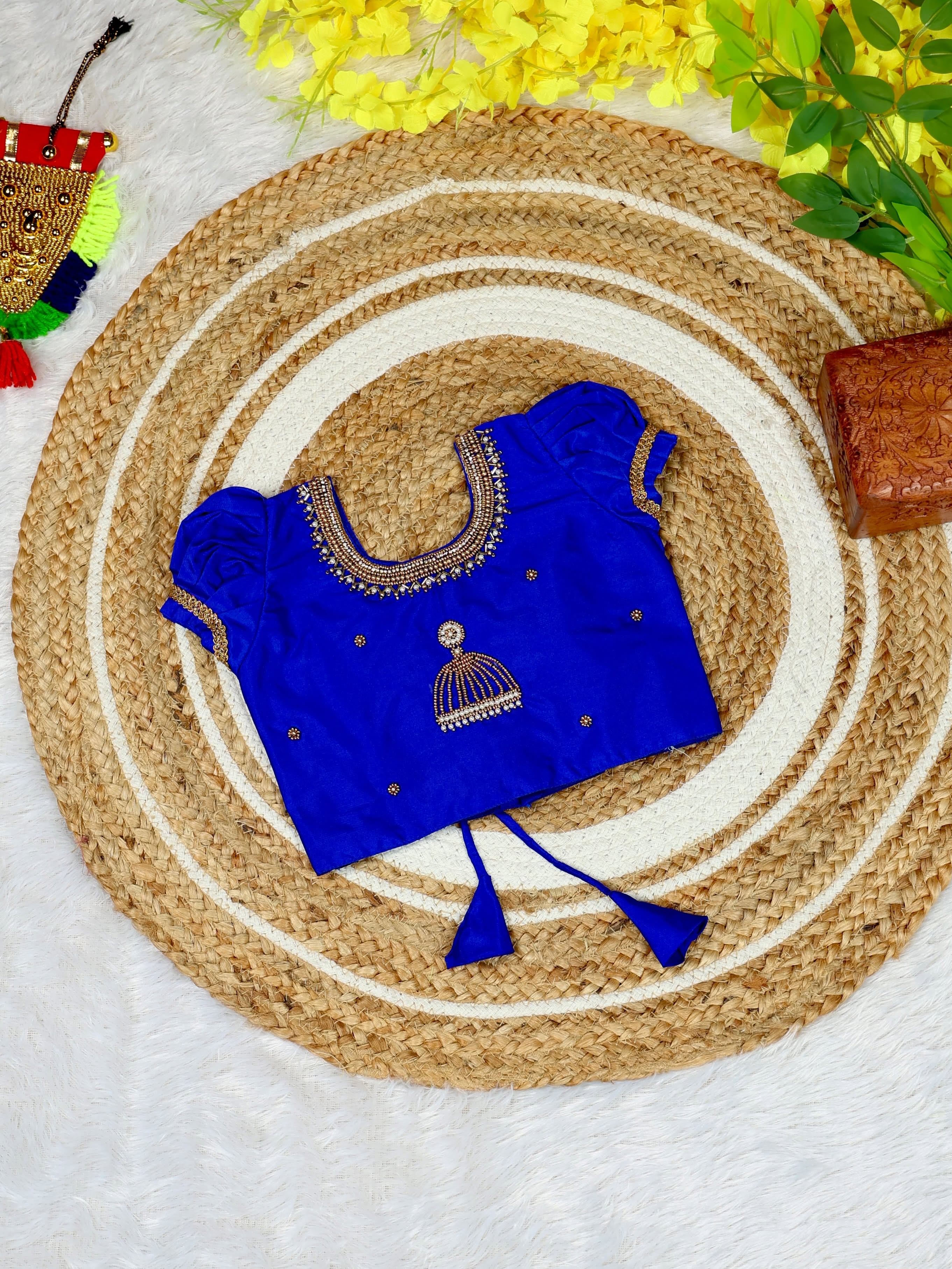 Aariwork Royal Blue Silk Top & Premium Kerala Kasavu Tissue Silk Skirt - TINY THUMBI