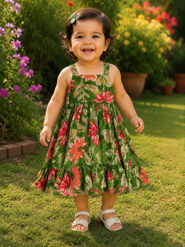 BLOOMING GREEN FLORA - Jaipur Cotton Frock for Kids