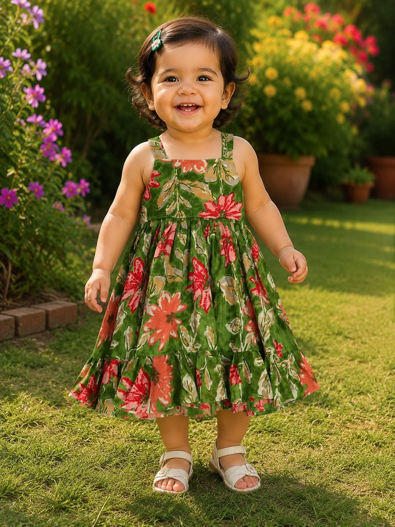 BLOOMING GREEN FLORA - Jaipur Cotton Frock for Kids