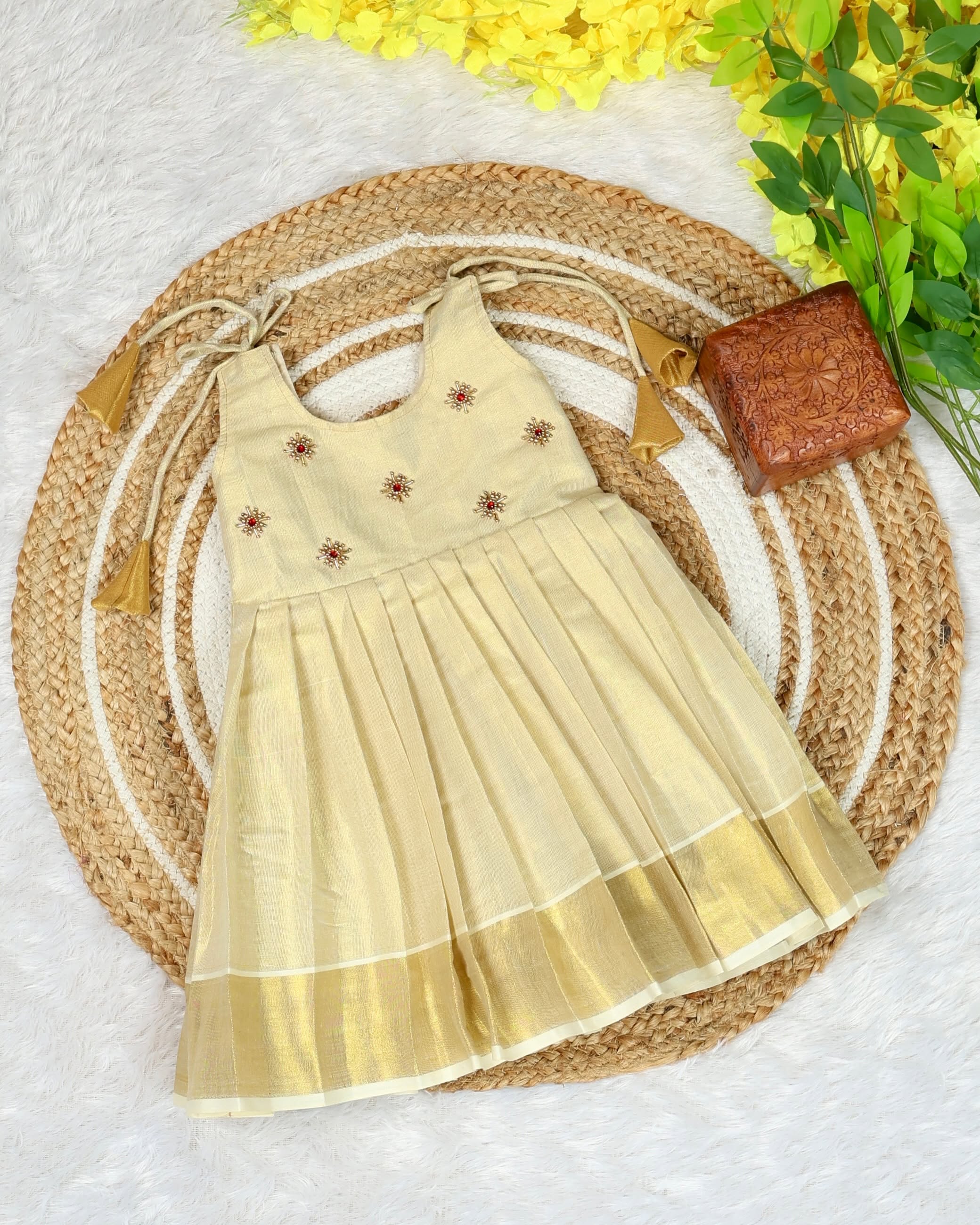 Premium Kasavu Cotton Tie-Up Frock - Handwork in Top- TINY THUMBI