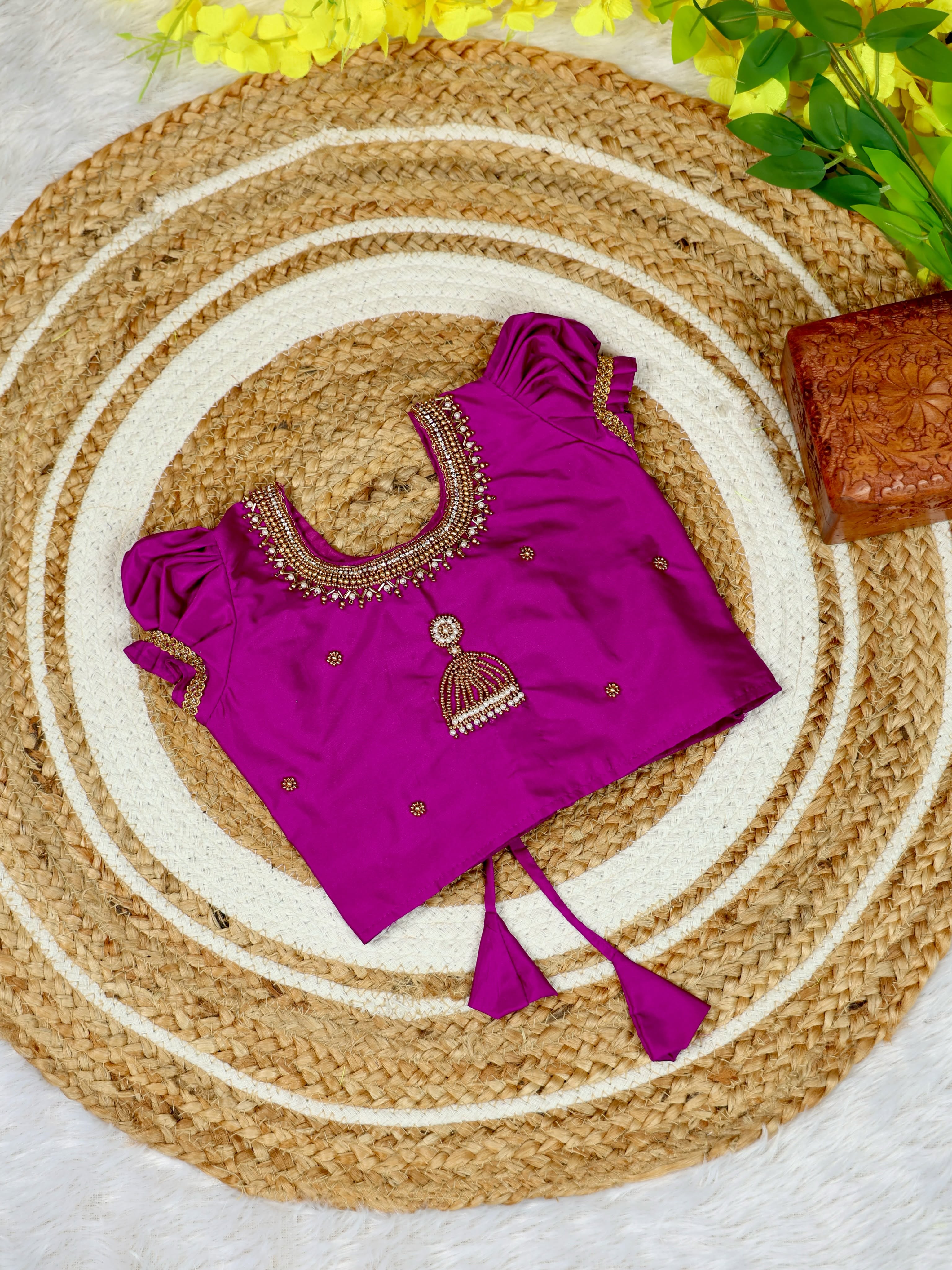 Aariwork Purple Silk Top & Premium Kerala Kasavu Tissue Silk Skirt - TINY THUMBI