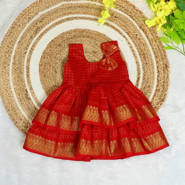 Launching INIYAL - Traditional Checked Silk Layered Frock - Red Color