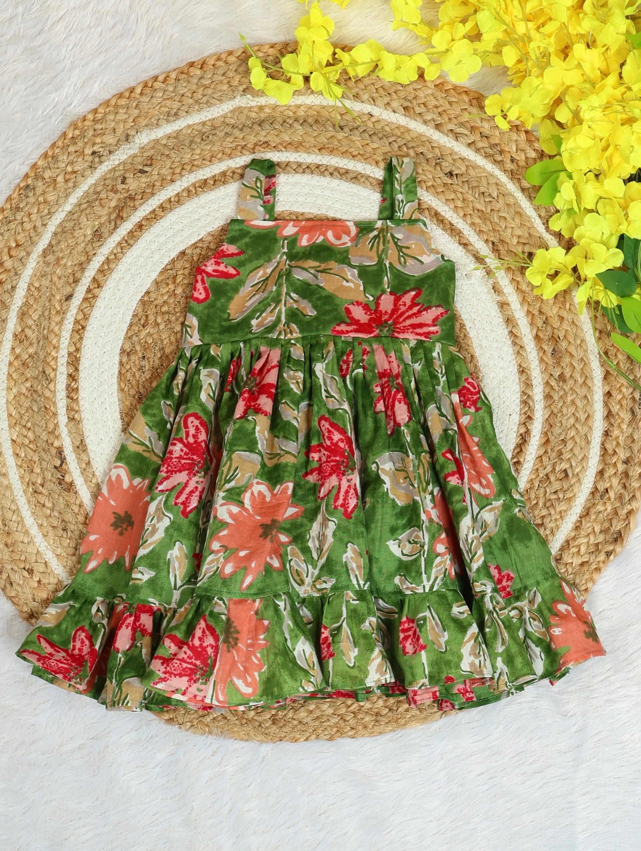 BLOOMING GREEN FLORA - Jaipur Cotton Frock for Kids