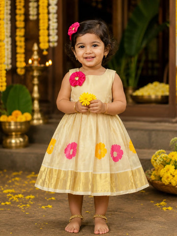Premium Tissue Silk Frock with Floral Motifs - TINY THUMBI