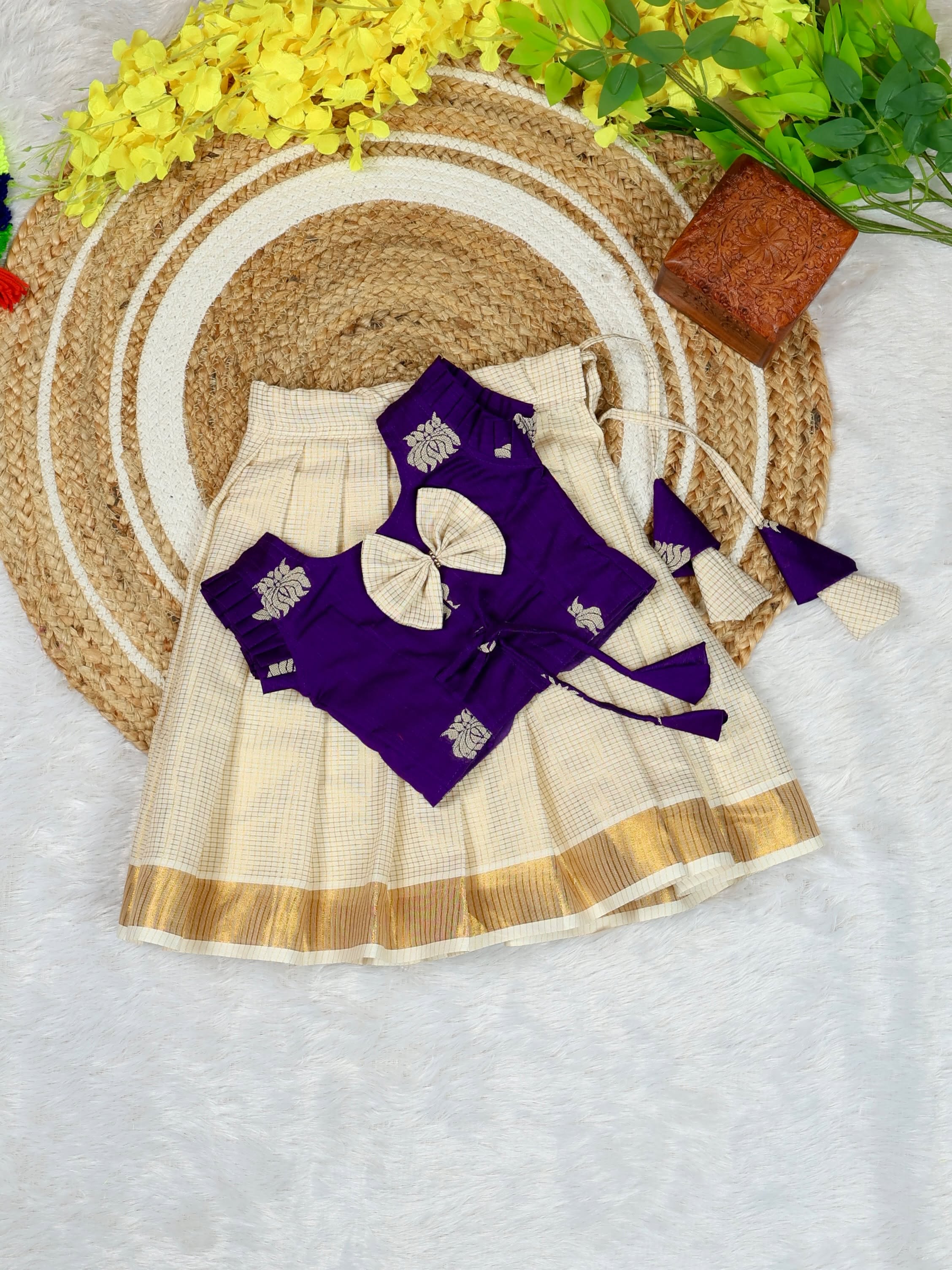 Premium Kasavu Small Checked Tissue Silk & Voilet Lotus Weaving Raw Silk Top - DARSHANA - TINY THUMBI