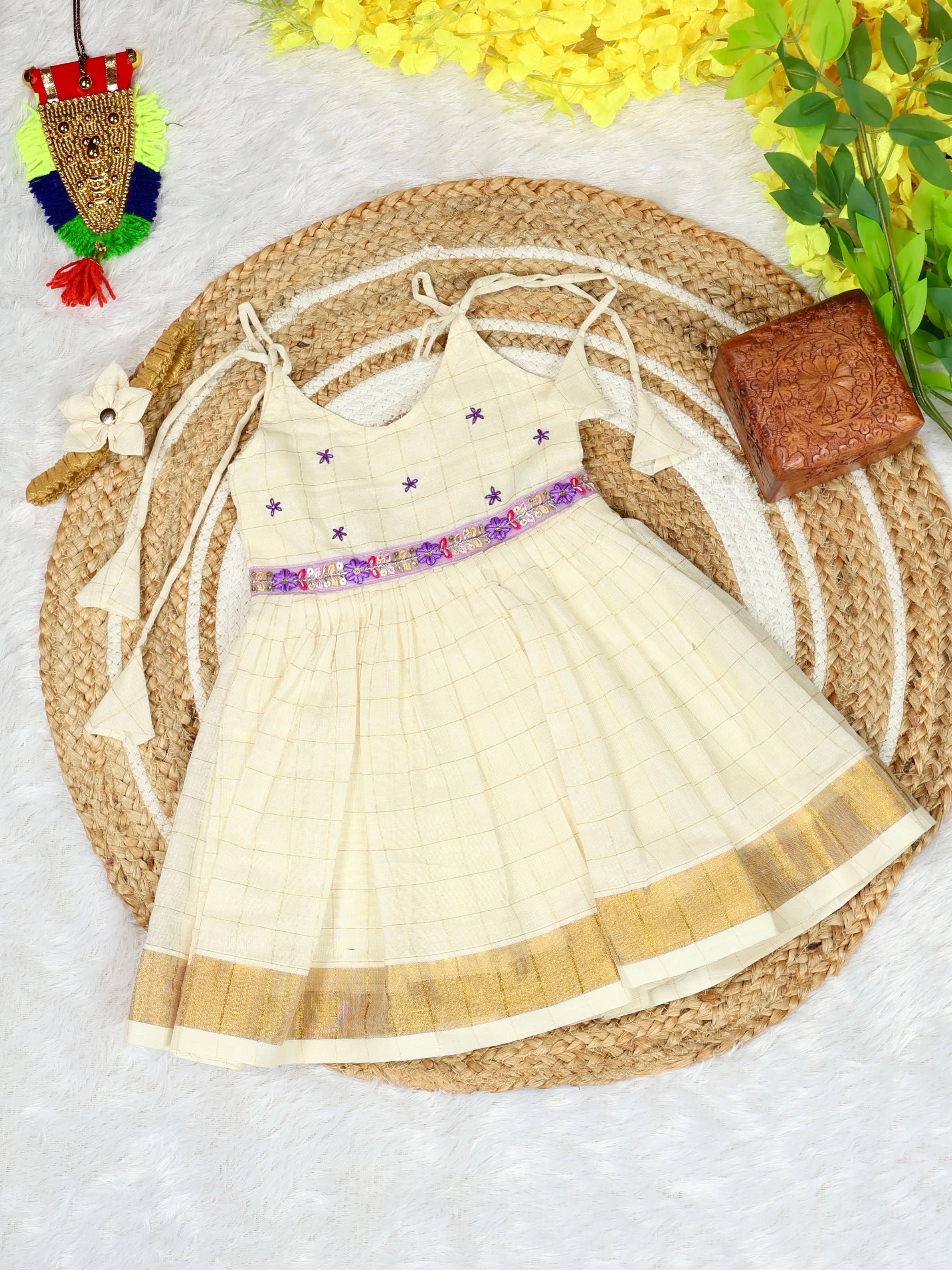 Premium Kasavu Checked Tie-Up Cotton Frock - TINY THUMBI