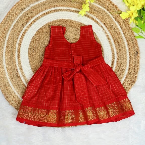 Launching INIYAL - Traditional Checked Silk Layered Frock - Red Color