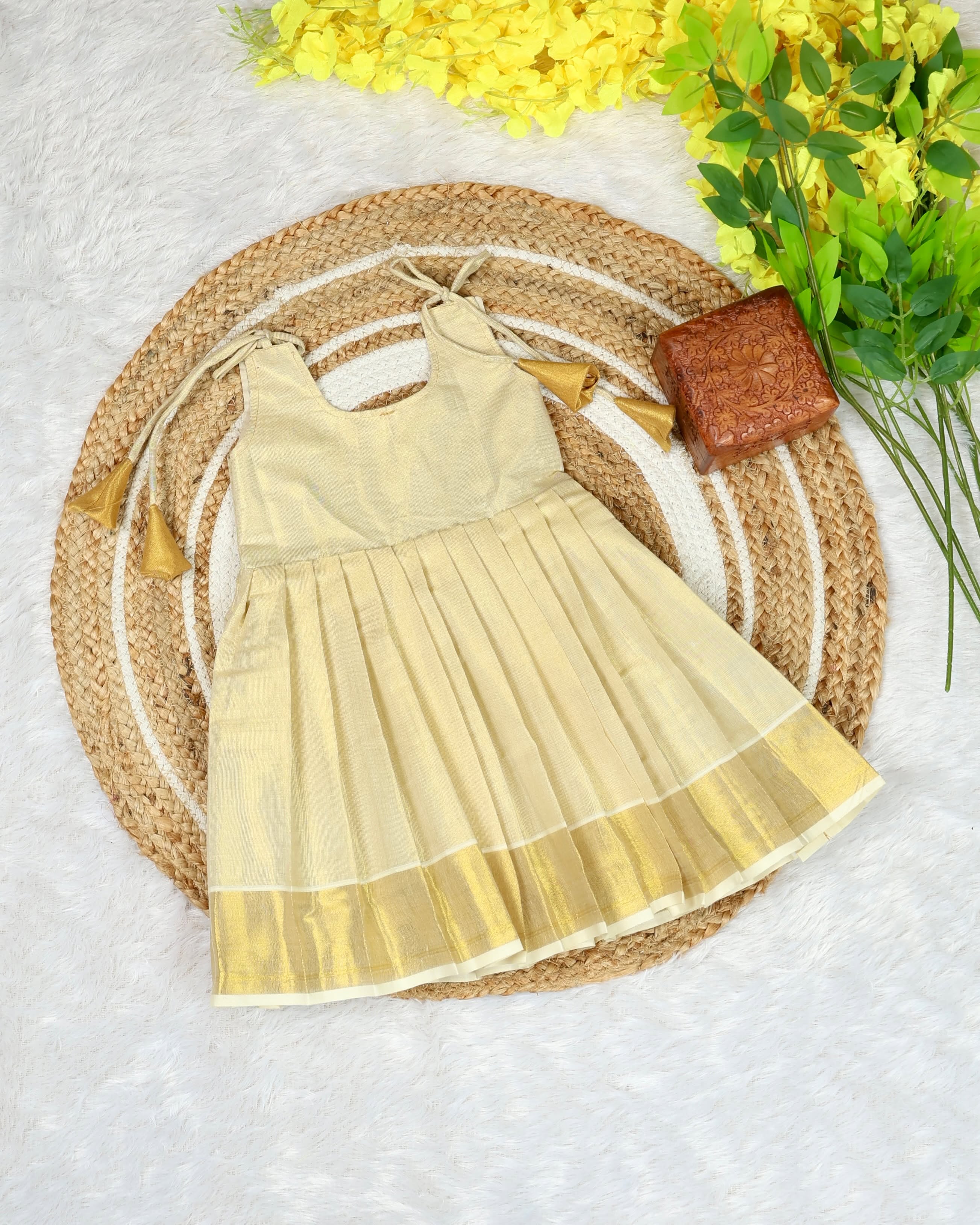 Premium Kasavu Cotton Tie-Up Frock - Handwork in Top- TINY THUMBI
