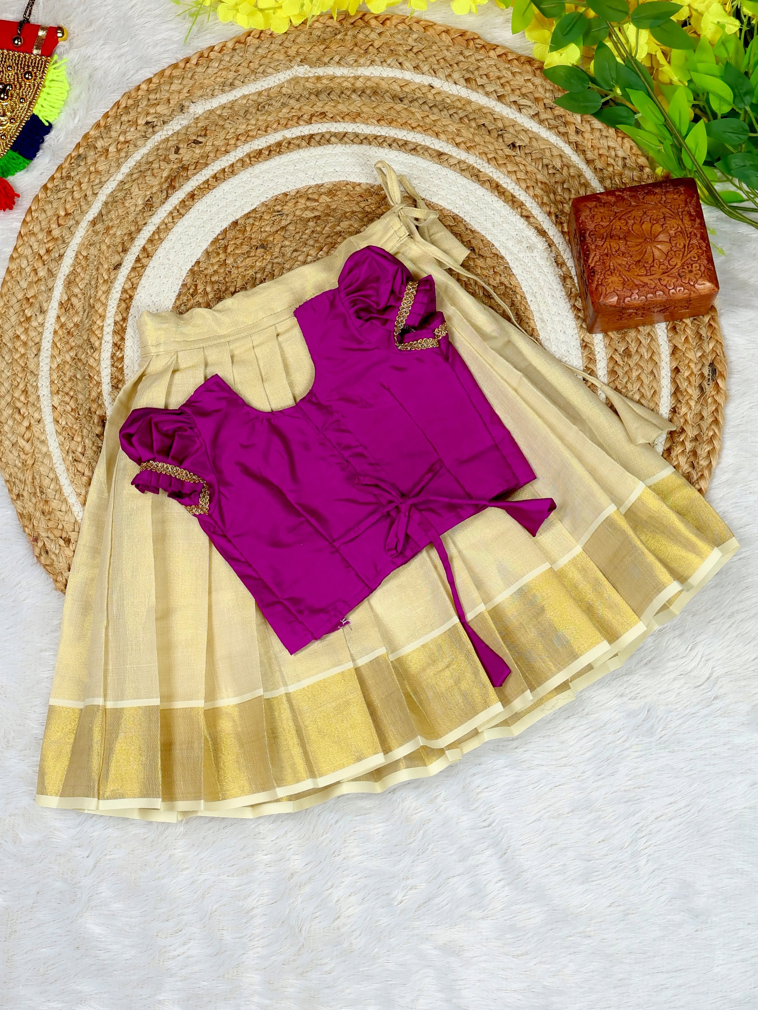 Aariwork Purple Silk Top & Premium Kerala Kasavu Tissue Silk Skirt - TINY THUMBI