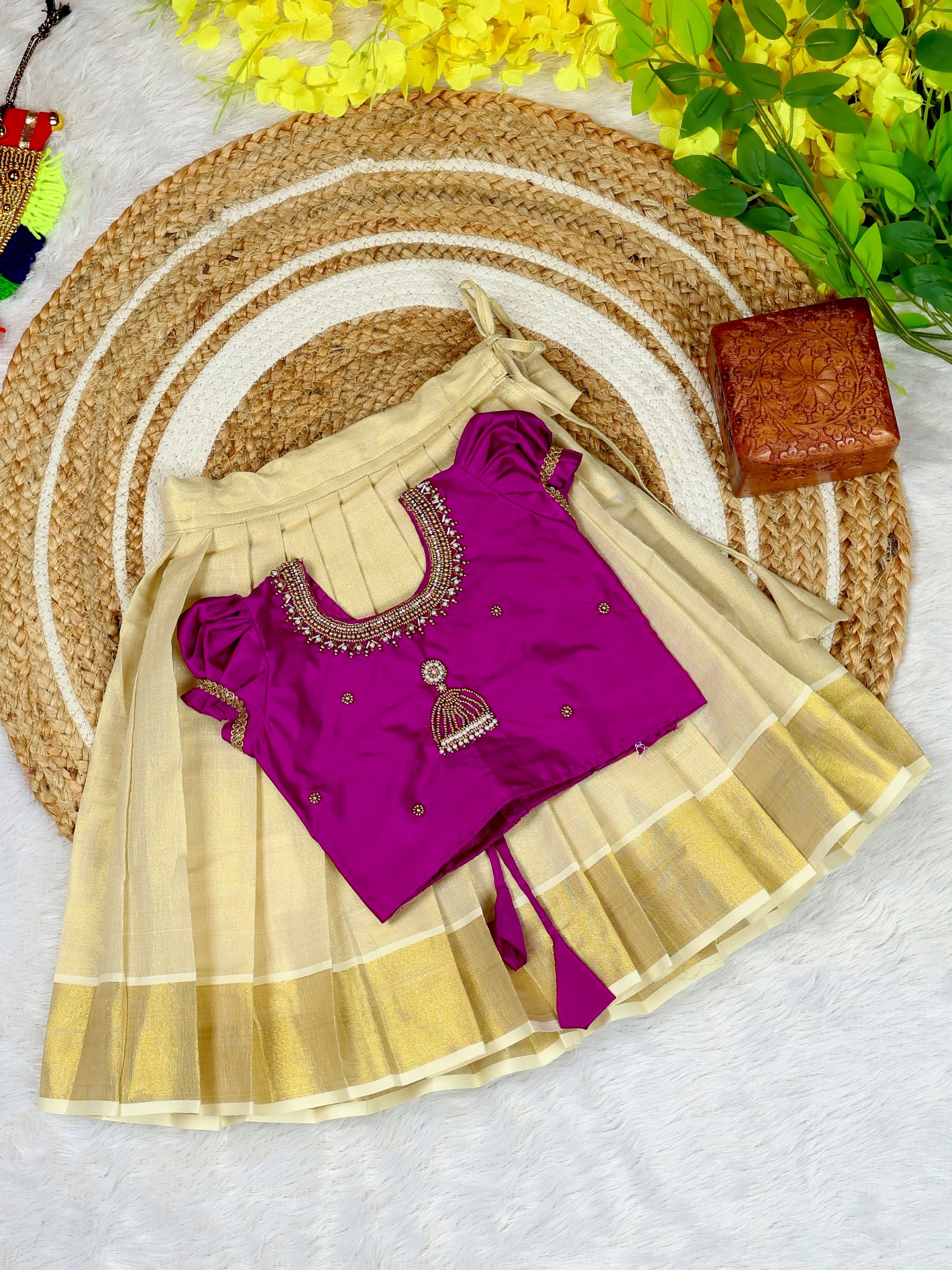 Aariwork Purple Silk Top & Premium Kerala Kasavu Tissue Silk Skirt - TINY THUMBI