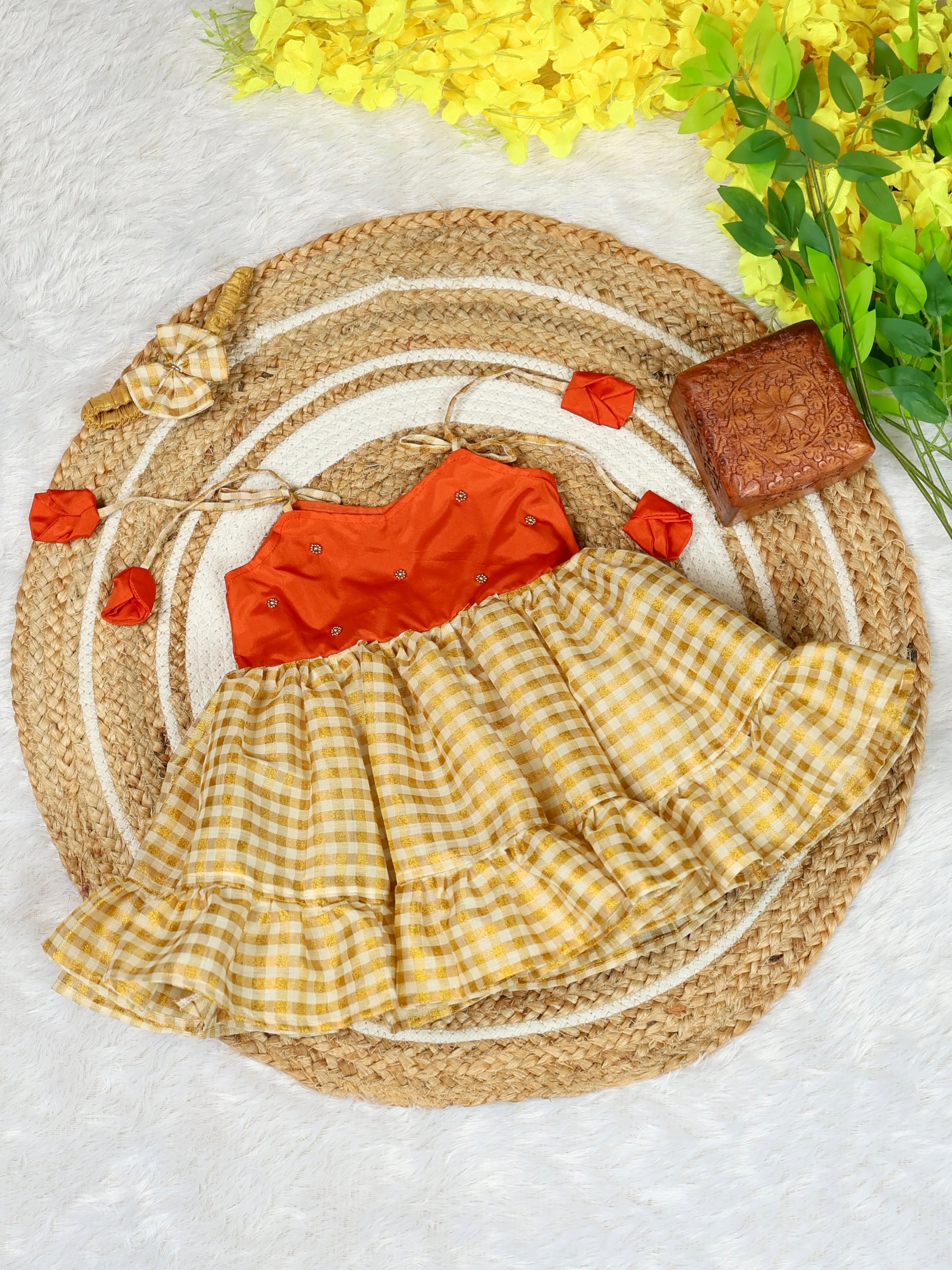 Premium Kasavu Tissue Silk Layered Tie-Up Frock - TINY THUMBI