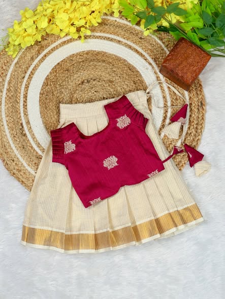 Premium Kasavu Small Checked Tissue Silk & Pink Lotus Weaving Raw Silk Top - DARSHANA - TINY THUMBI