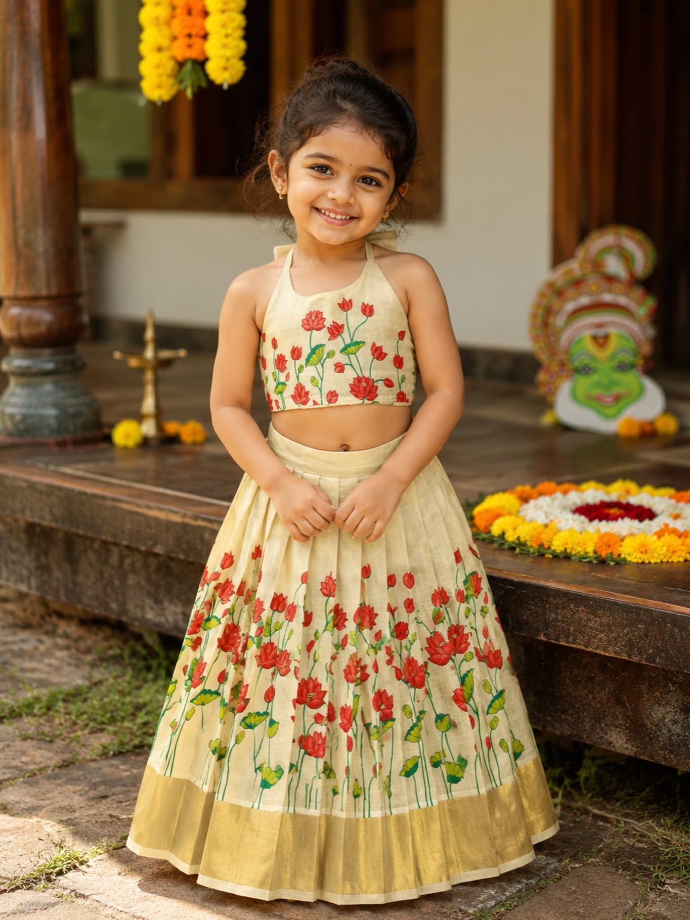 Premium Kasavu Tissue Silk Lotus Motifs Top & Skirt - ONAPPOOVE - TINY THUMBI