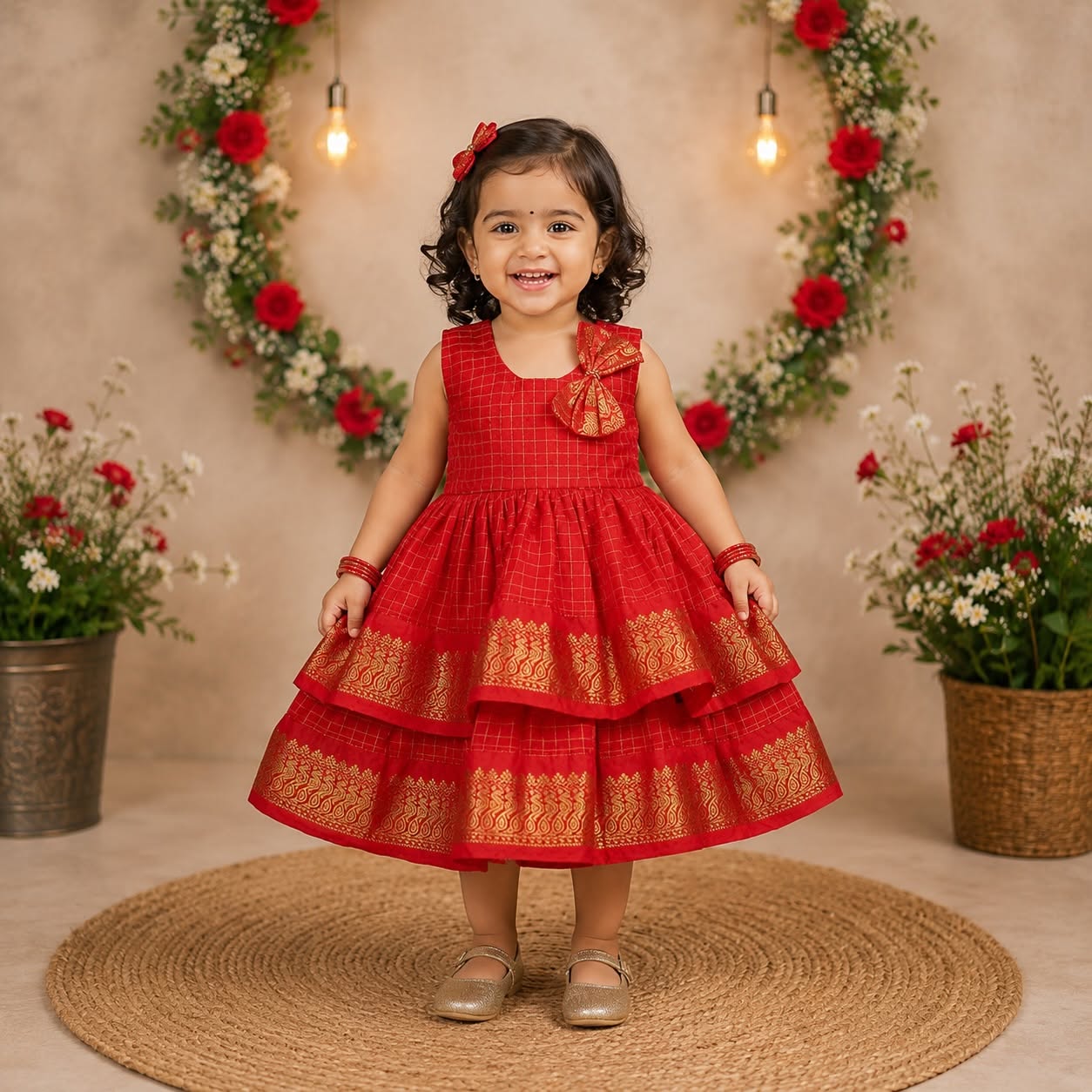 Launching INIYAL - Traditional Checked Silk Layered Frock - Red Color