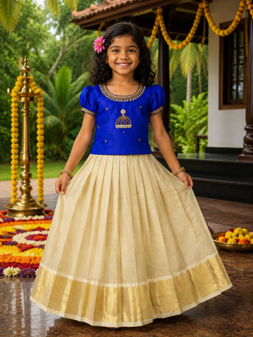 Aariwork Royal Blue Silk Top & Premium Kerala Kasavu Tissue Silk Skirt - TINY THUMBI