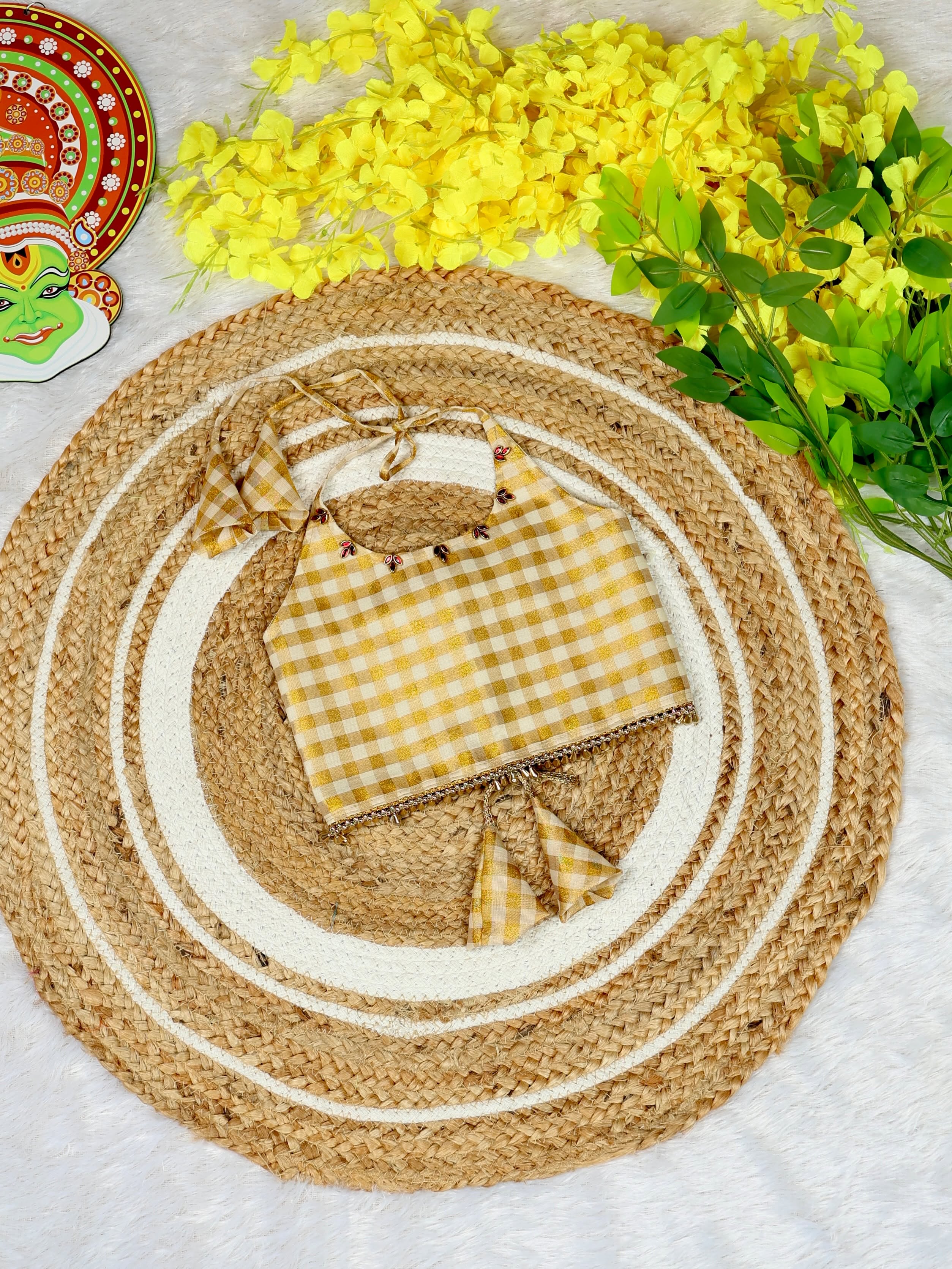 Premium Kasavu Tissue Silk Checked Crop Top and Skirt - SWARAM - TINY THUMBI