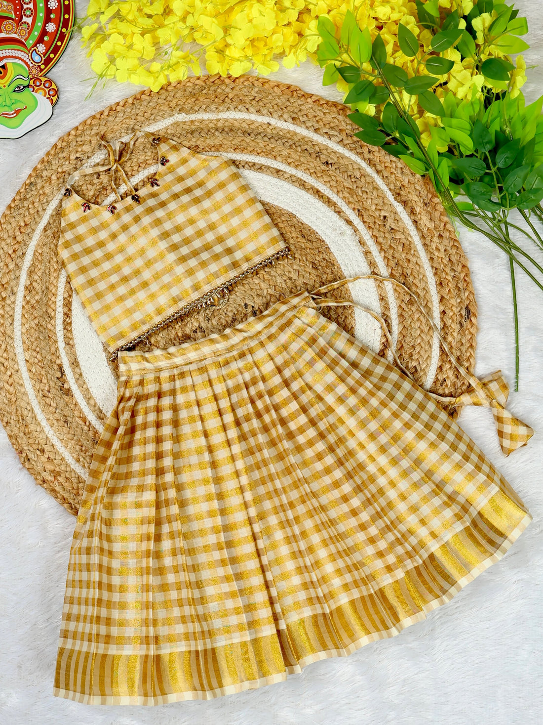 Premium Kasavu Tissue Silk Checked Crop Top and Skirt - SWARAM - TINY THUMBI