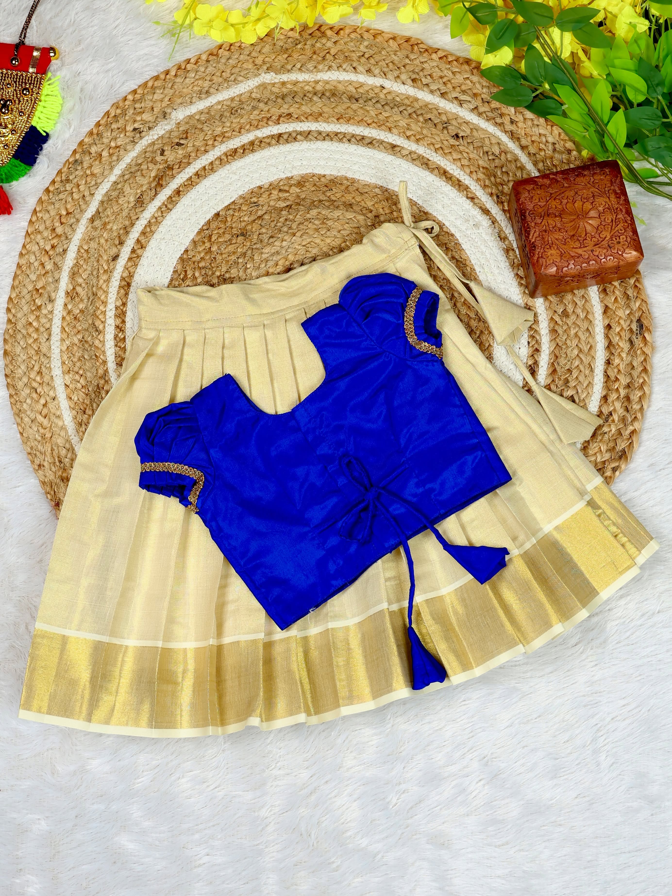 Aariwork Royal Blue Silk Top & Premium Kerala Kasavu Tissue Silk Skirt - TINY THUMBI