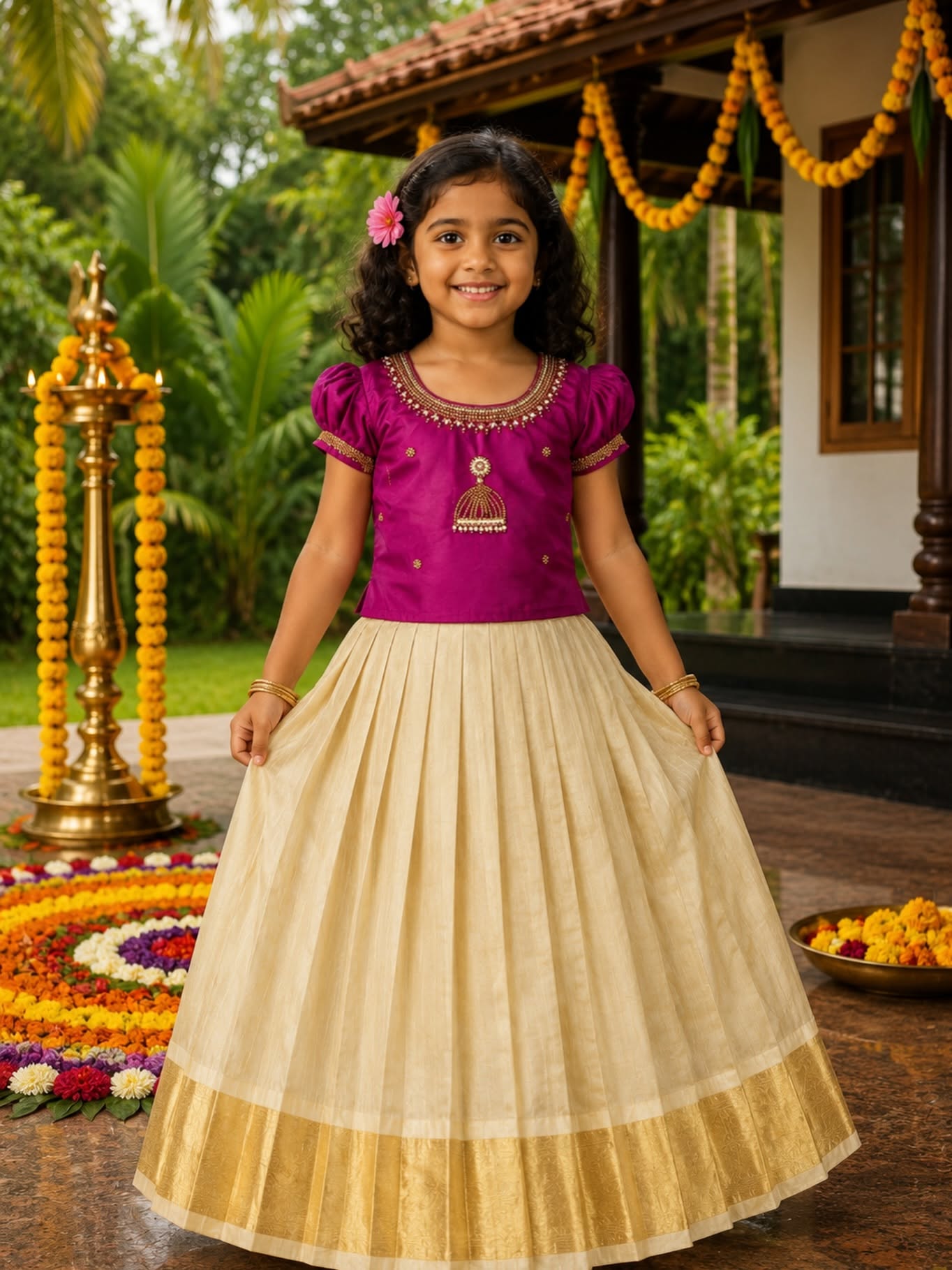 Aariwork Purple Silk Top & Premium Kerala Kasavu Tissue Silk Skirt - TINY THUMBI