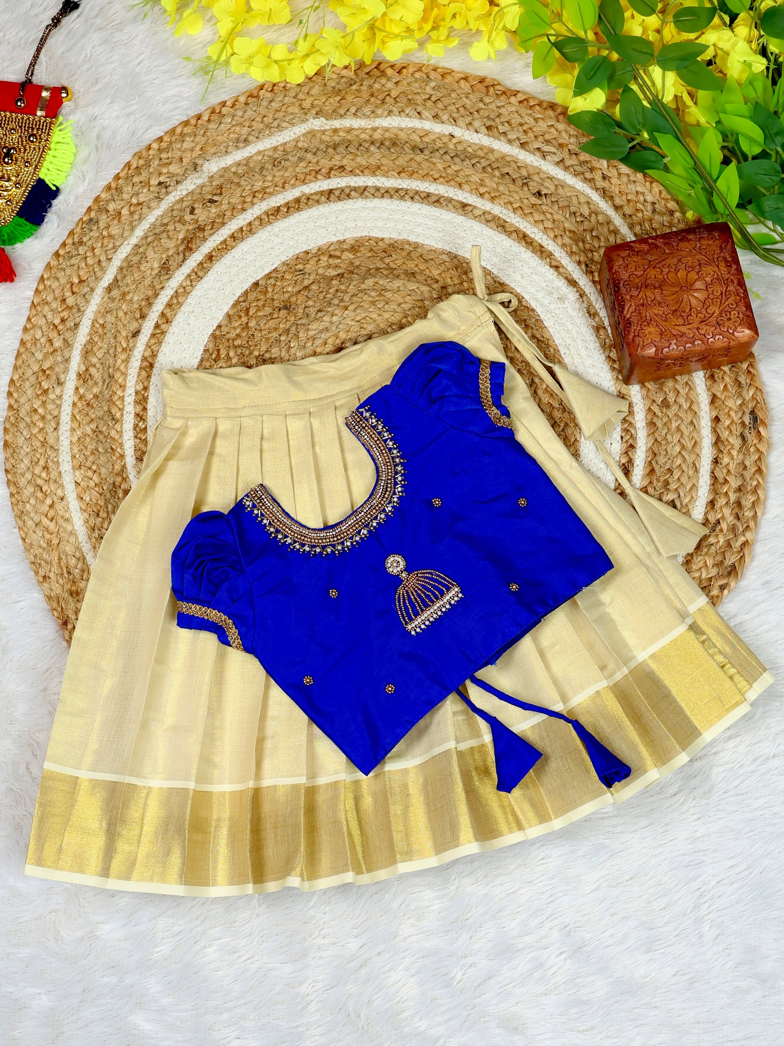 Aariwork Royal Blue Silk Top & Premium Kerala Kasavu Tissue Silk Skirt - TINY THUMBI