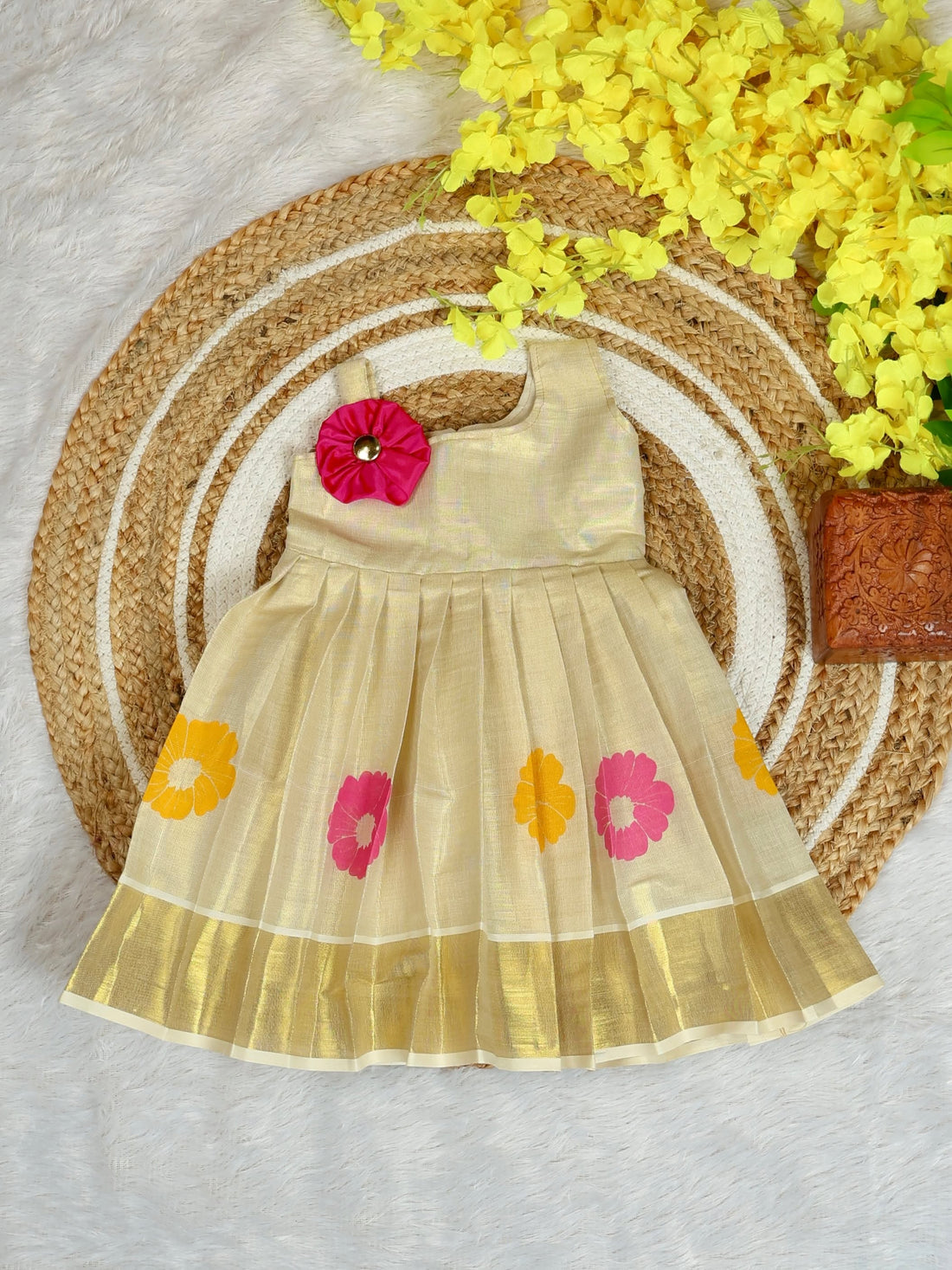 Premium Tissue Silk Frock with Floral Motifs - TINY THUMBI