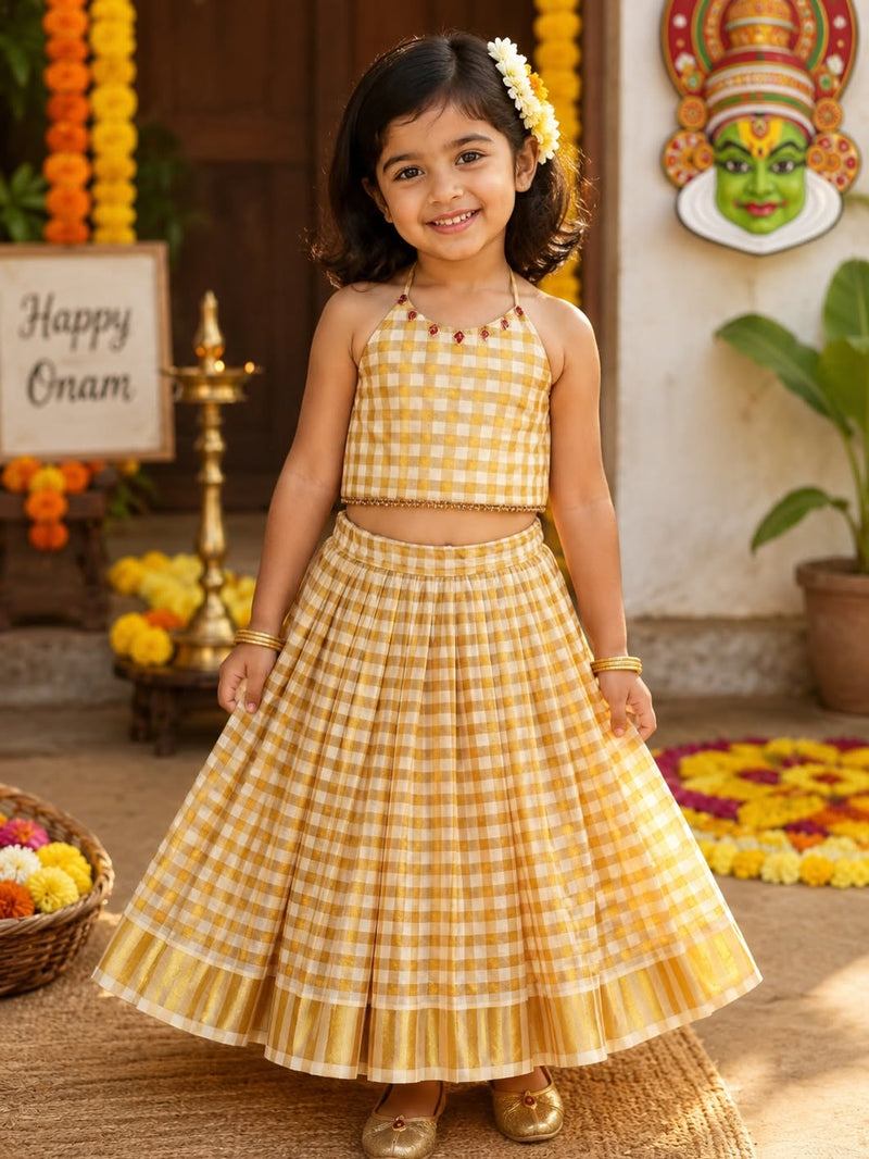 Premium Kasavu Tissue Silk Checked Crop Top and Skirt - SWARAM - TINY THUMBI