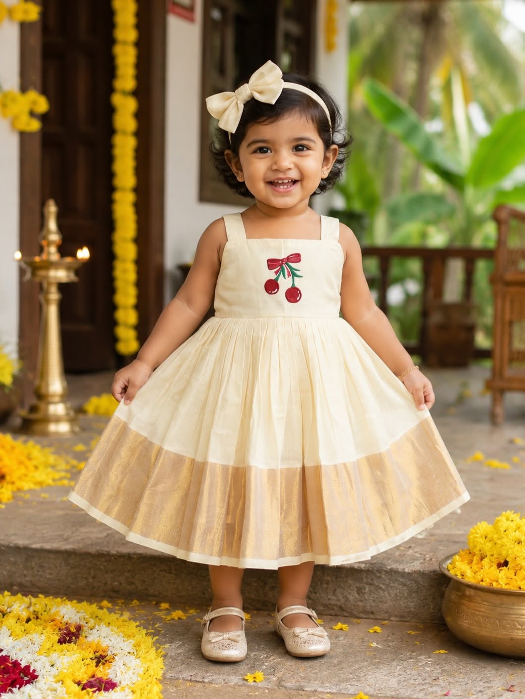 Premium Kerala Kasavu Cotton Frock with Berry Hand Painted - TINY THUMBI