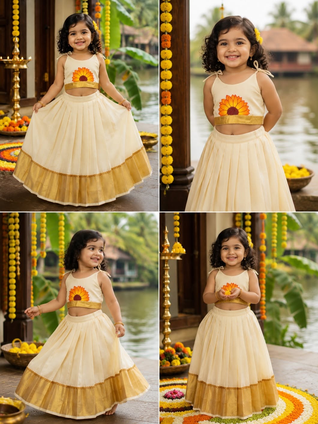 Premium Kasavu Cotton Crop Top & Skirt - SUNFLOWER - TINY THUMBI