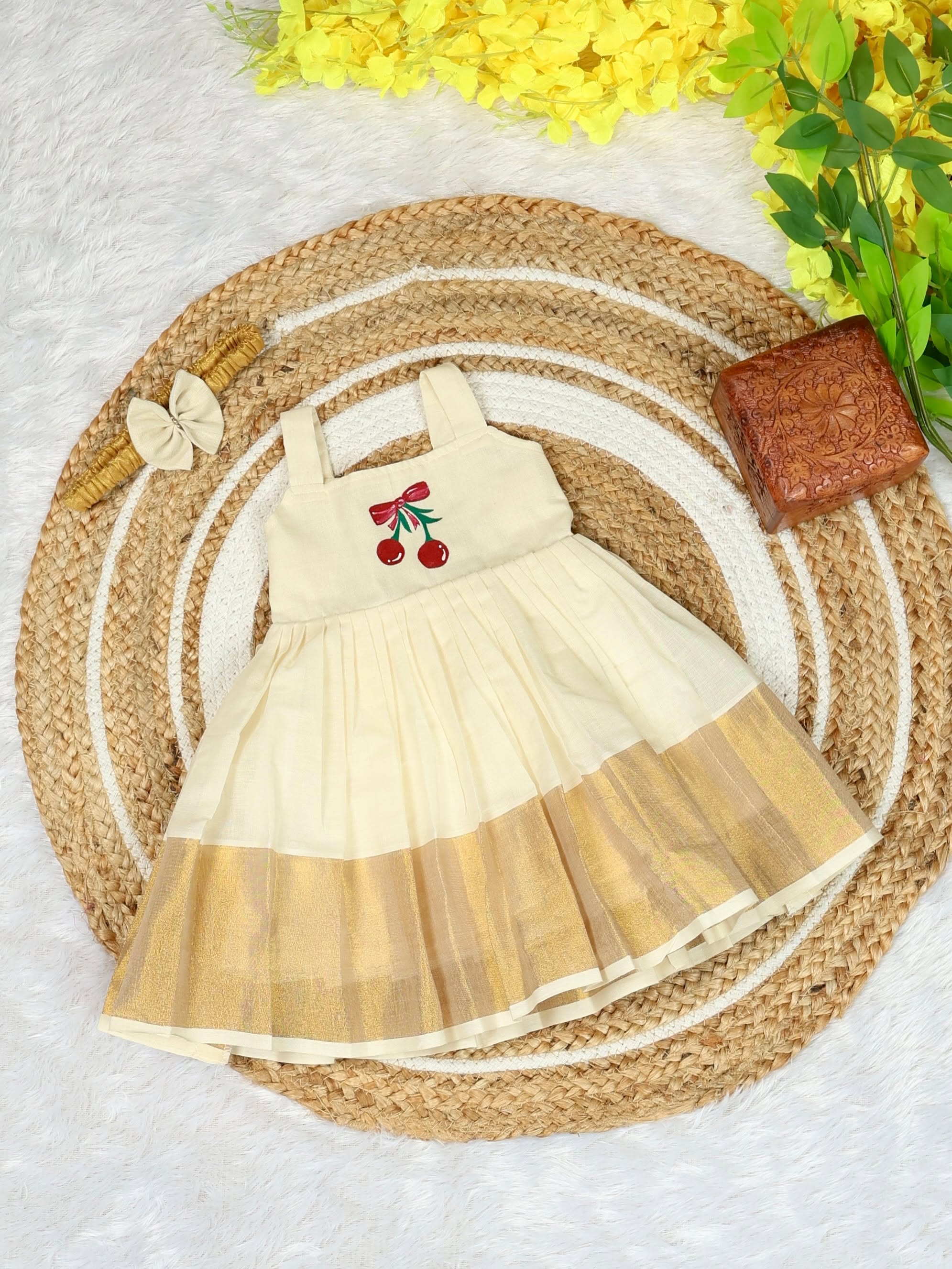 Premium Kerala Kasavu Cotton Frock with Berry Hand Painted - TINY THUMBI