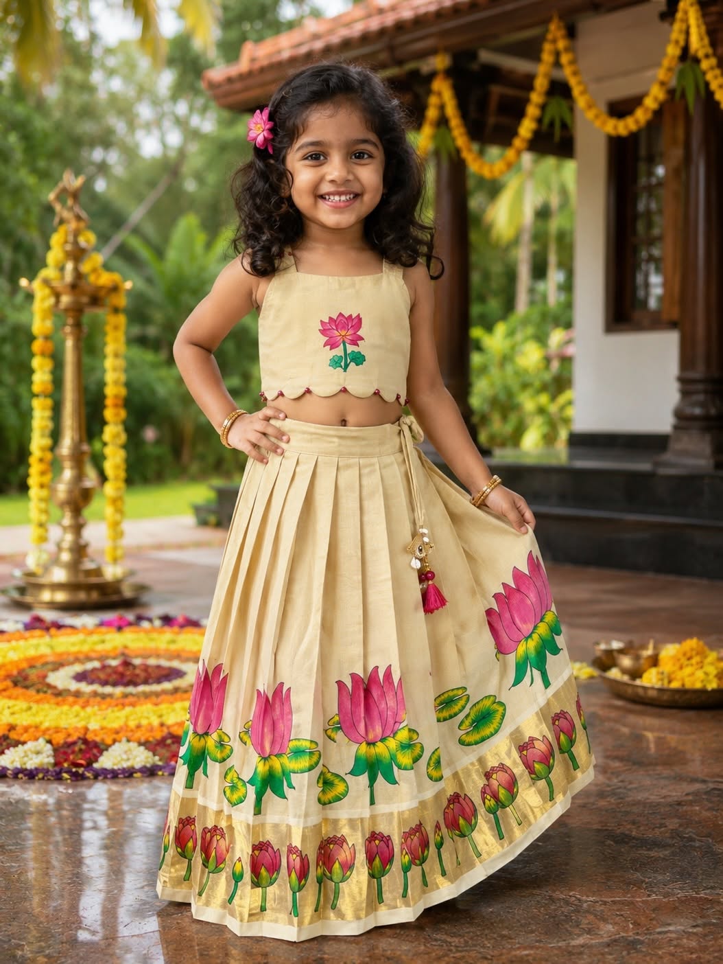 Premium Kasavu Tissue Silk Cotton Top & Skirt Set - THAMARAI - TINY THUMBI