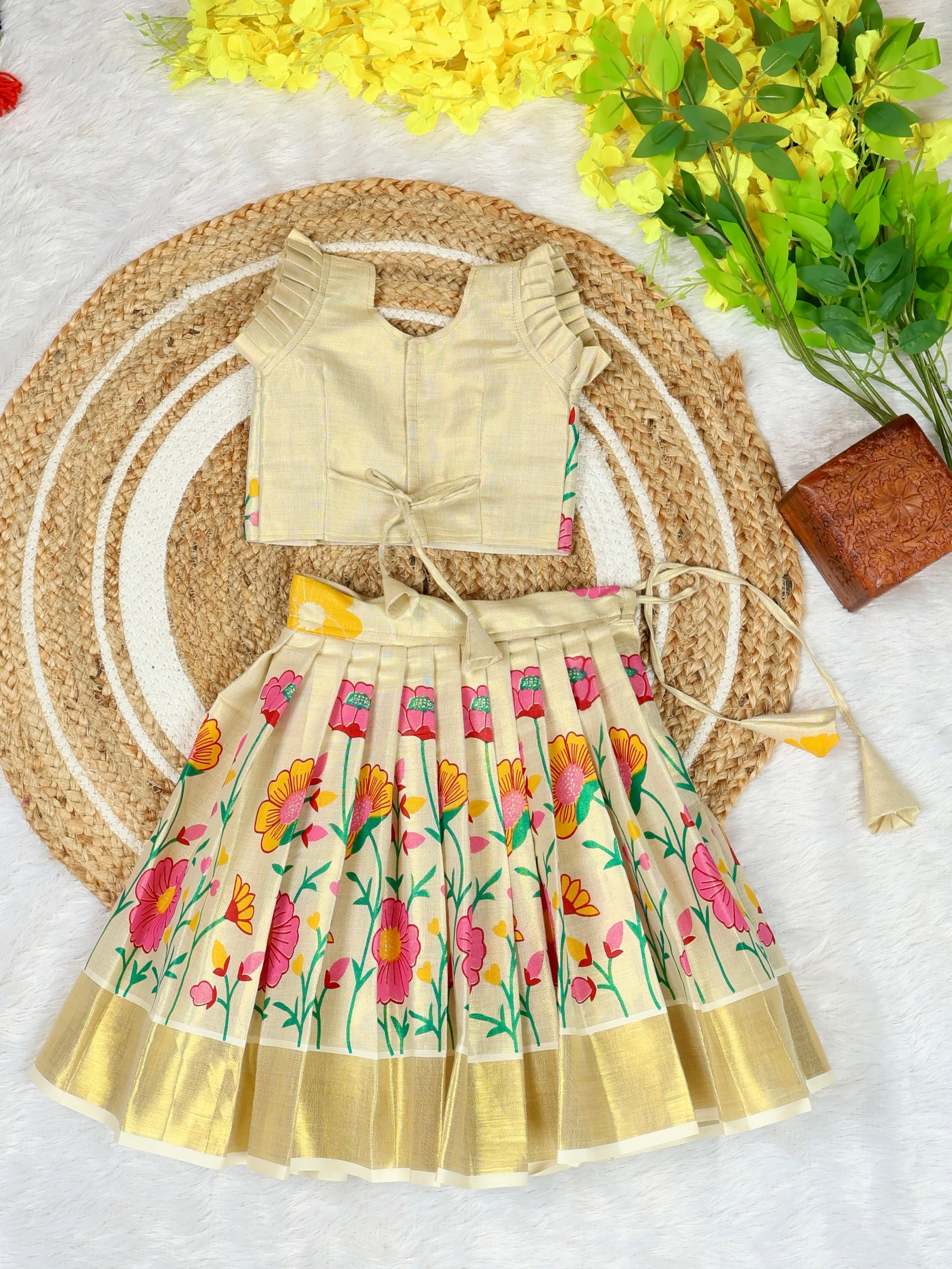 Premium Kasavu Tissue Silk Floral Motifs Top & Skirt - MALAR KODI- TINY THUMBI