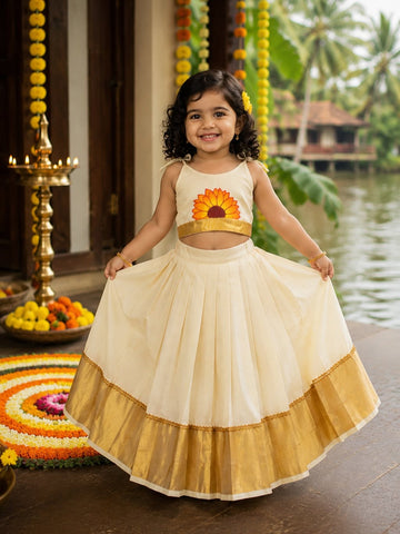 Premium Kasavu Cotton Crop Top & Skirt - SUNFLOWER - TINY THUMBI