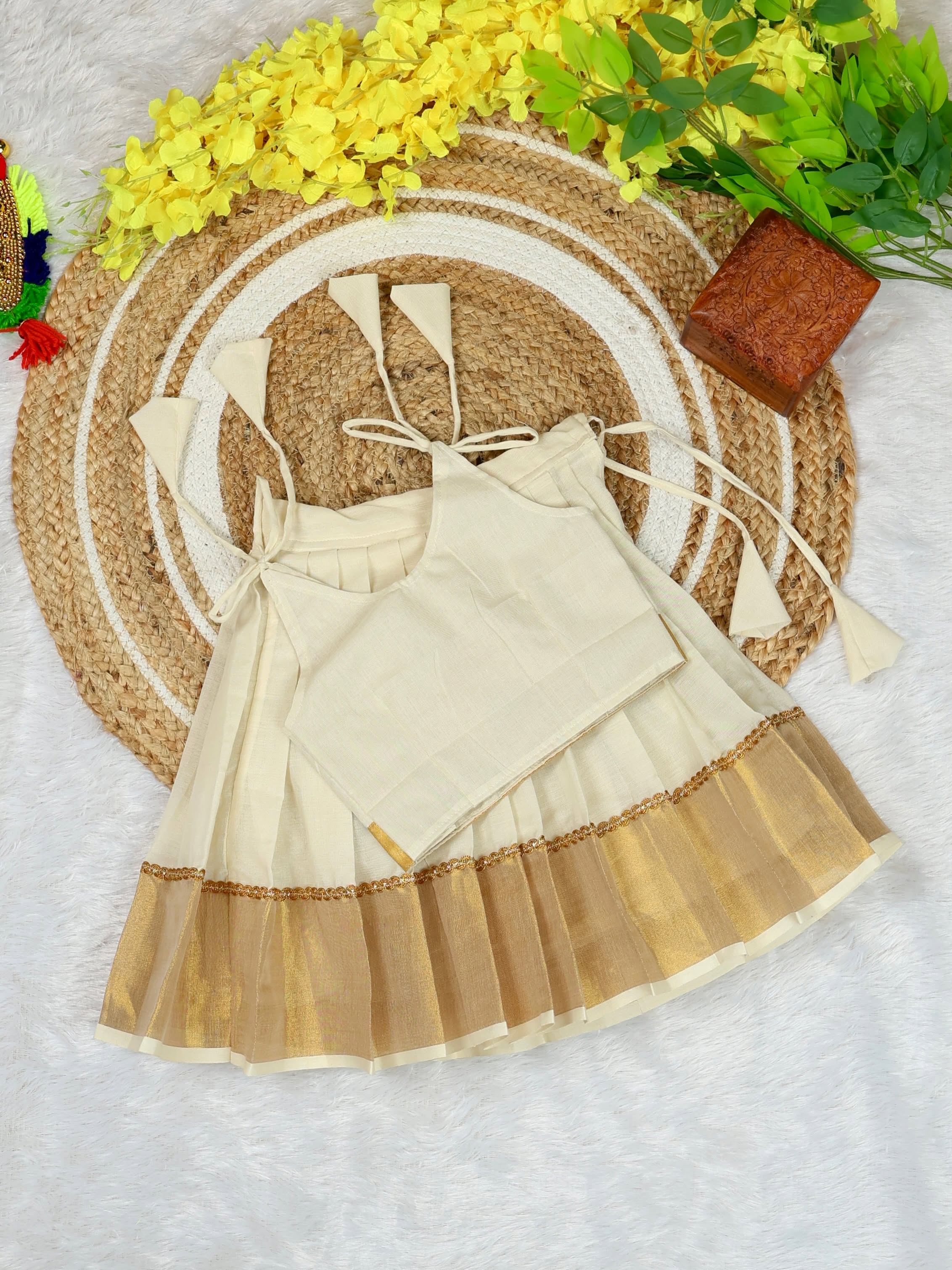 Premium Kasavu Cotton Crop Top & Skirt - SUNFLOWER - TINY THUMBI