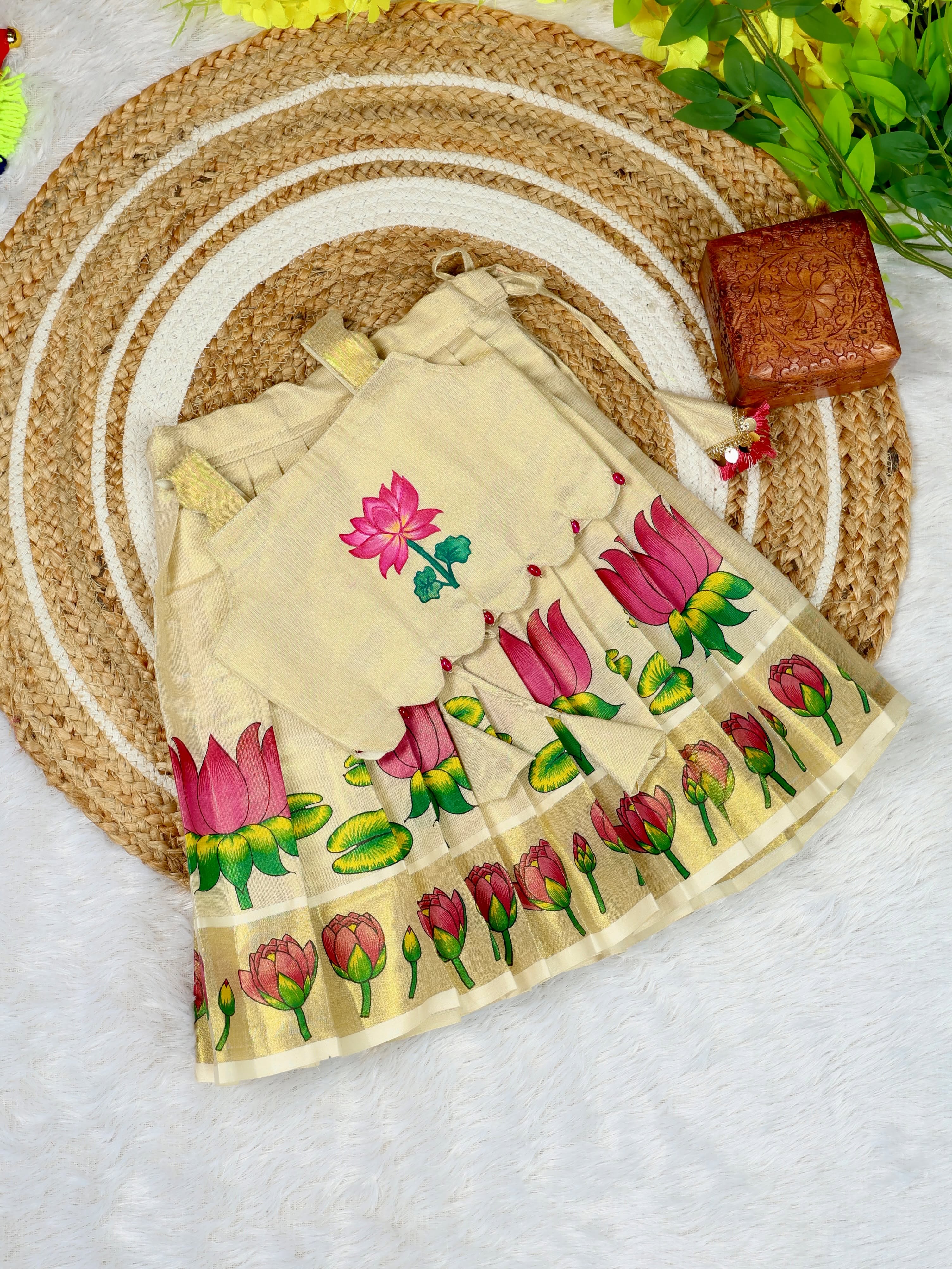 Premium Kasavu Tissue Silk Cotton Top & Skirt Set - THAMARAI - TINY THUMBI