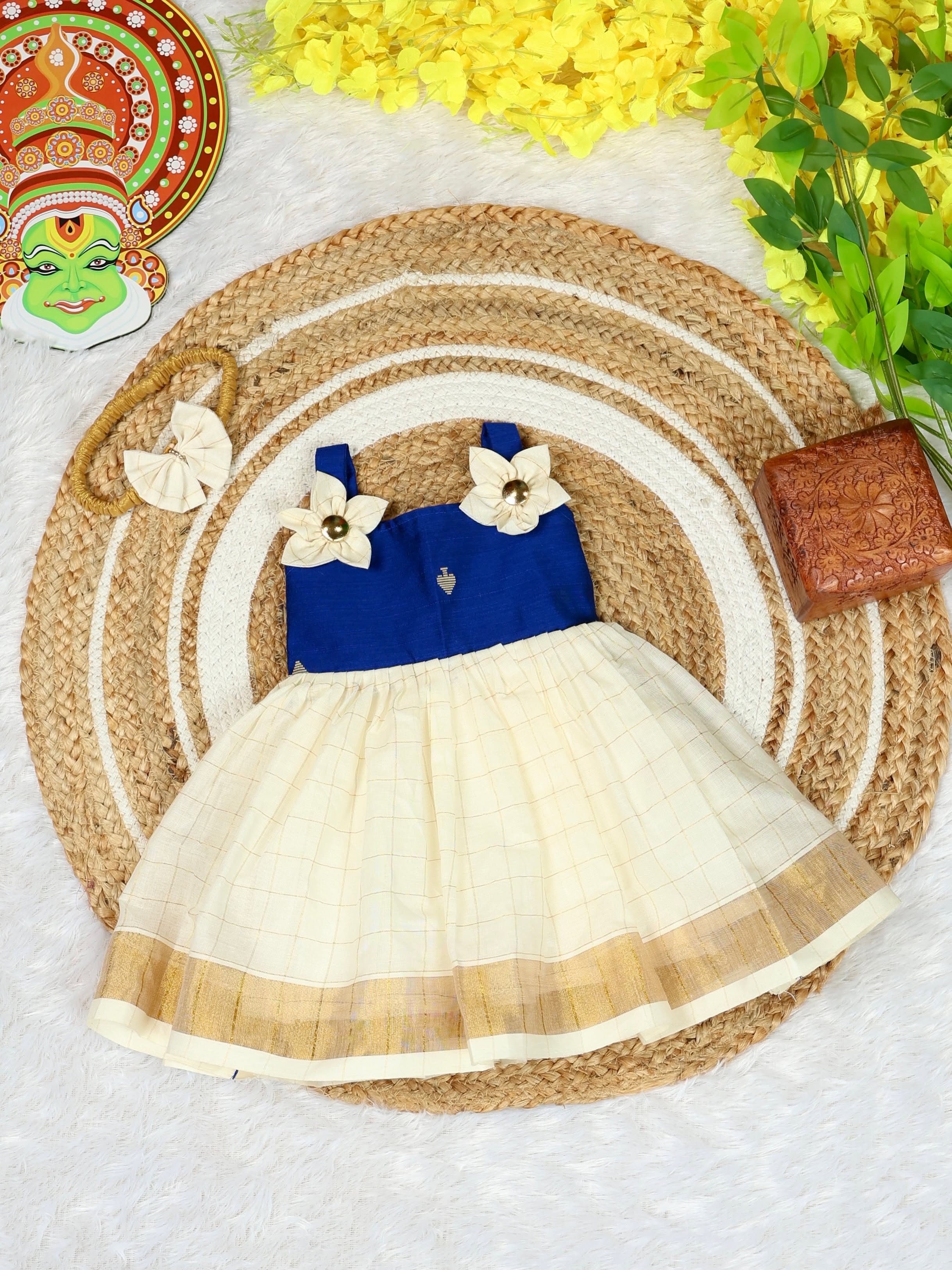 Premium Kasavu Cotton Frock with Blue Raw Silk  - Noolukettu Special