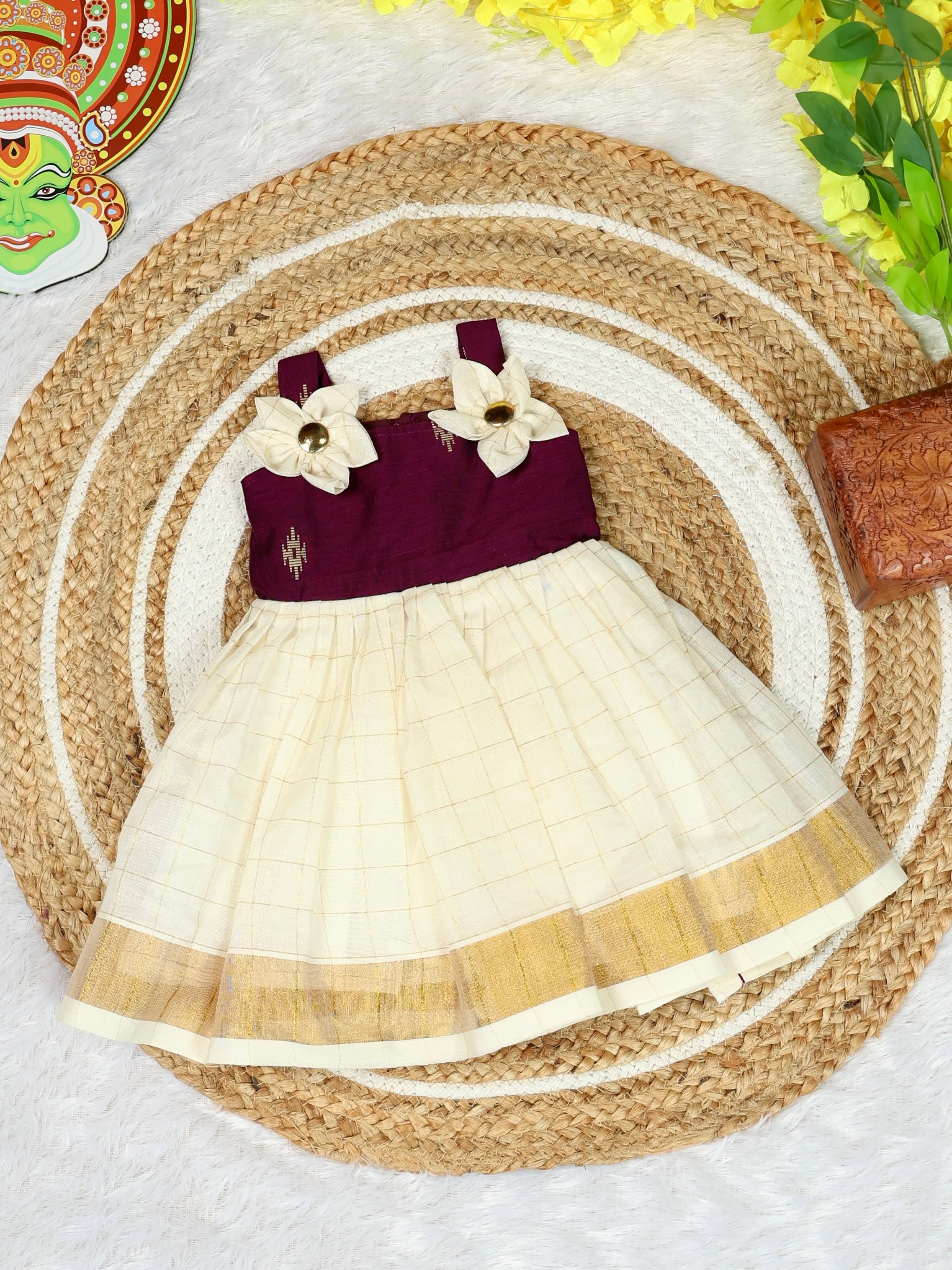 Premium Kasavu Cotton Frock with Purple Raw Silk  - Noolukettu Special