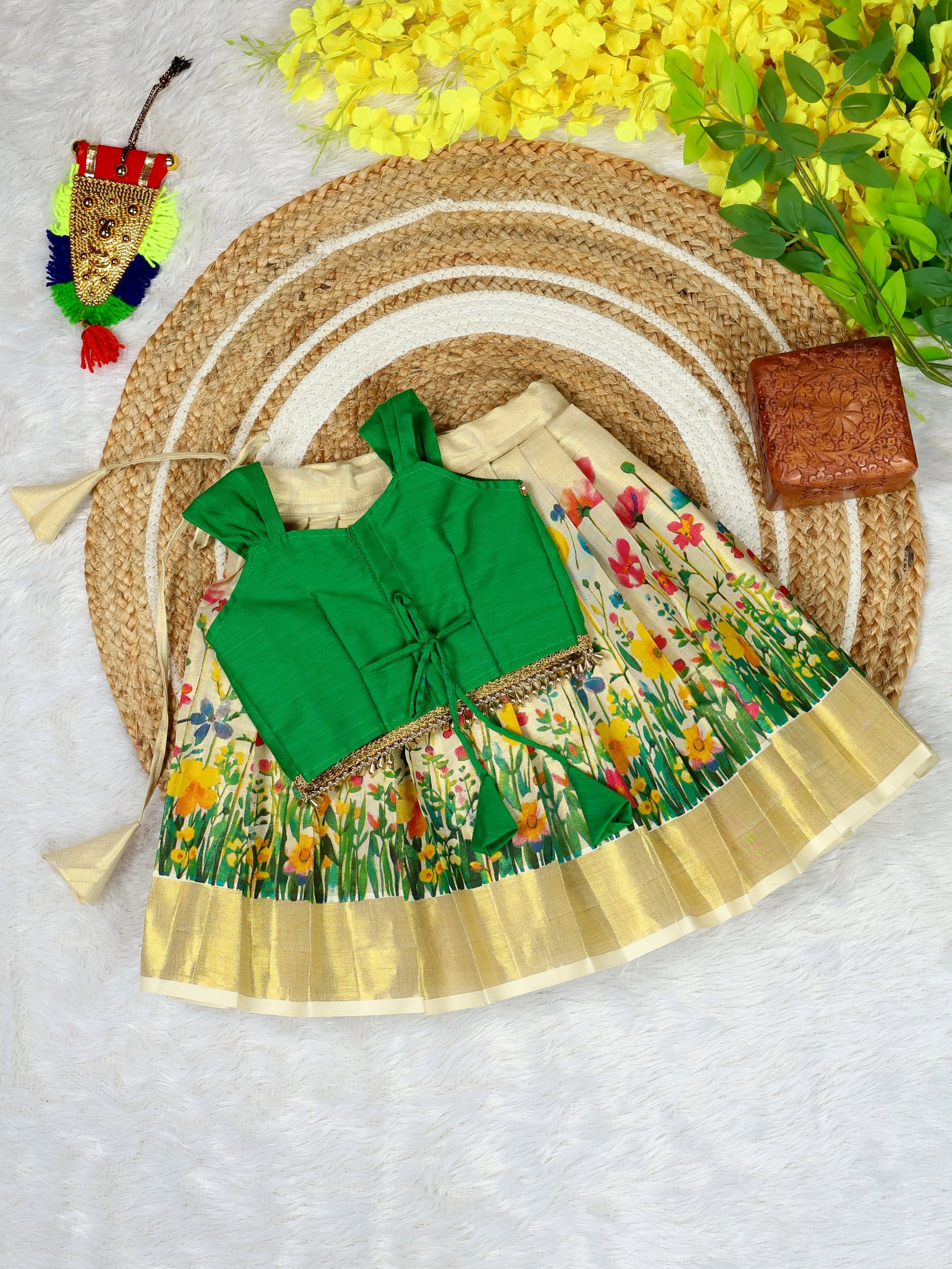 Premium Kasavu FLoral Motifs Tissue Silk Skirt & Green Raw Silk Top - SADHANA - TINY THUMBI