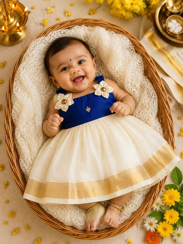 Premium Kasavu Cotton Frock with Blue Raw Silk  - Noolukettu Special