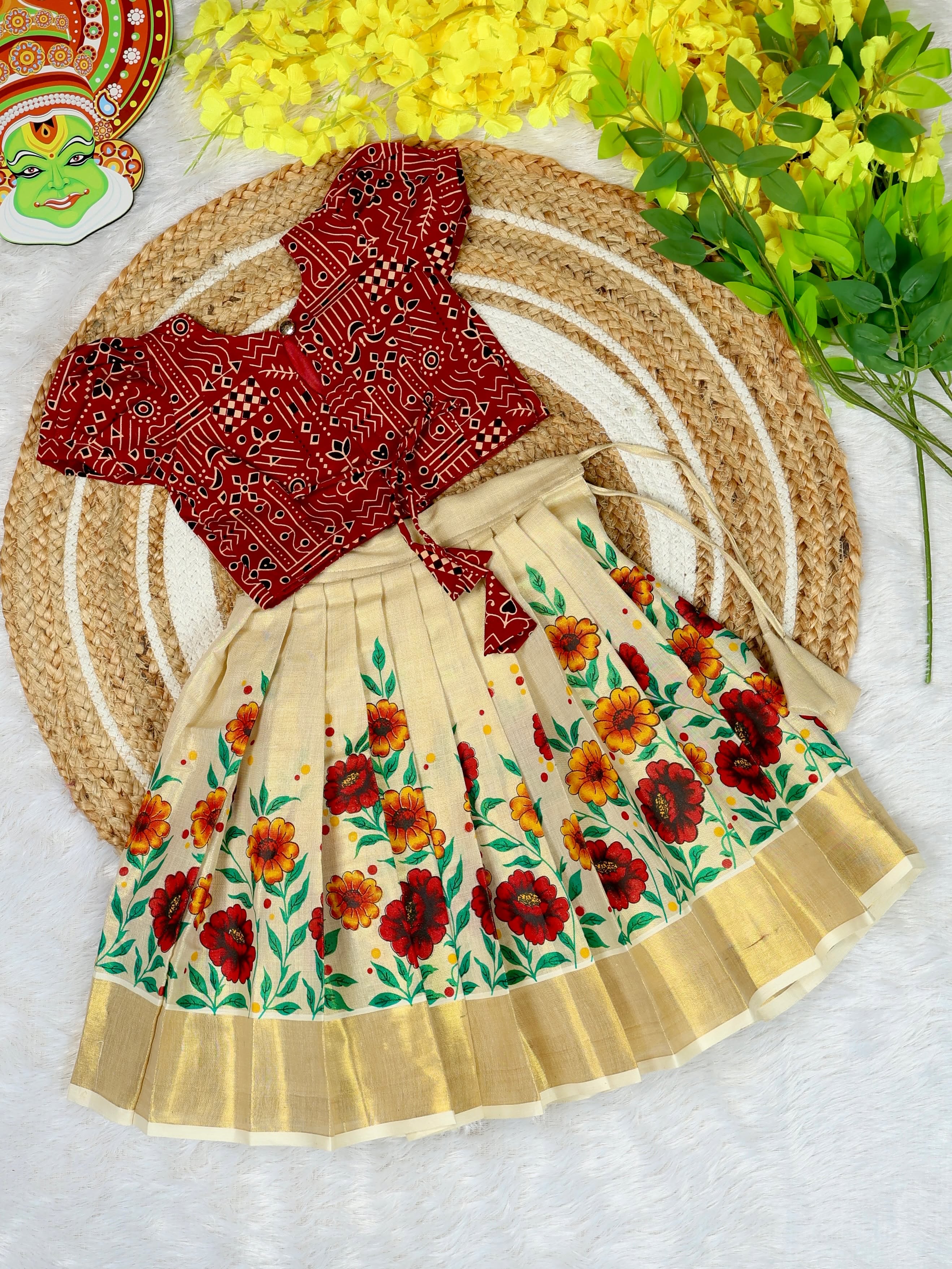 Premium Kasavu FLoral Motifs Tissue Silk Skirt & Ajrakh Cotton Top - RITHIKA - TINY THUMBI