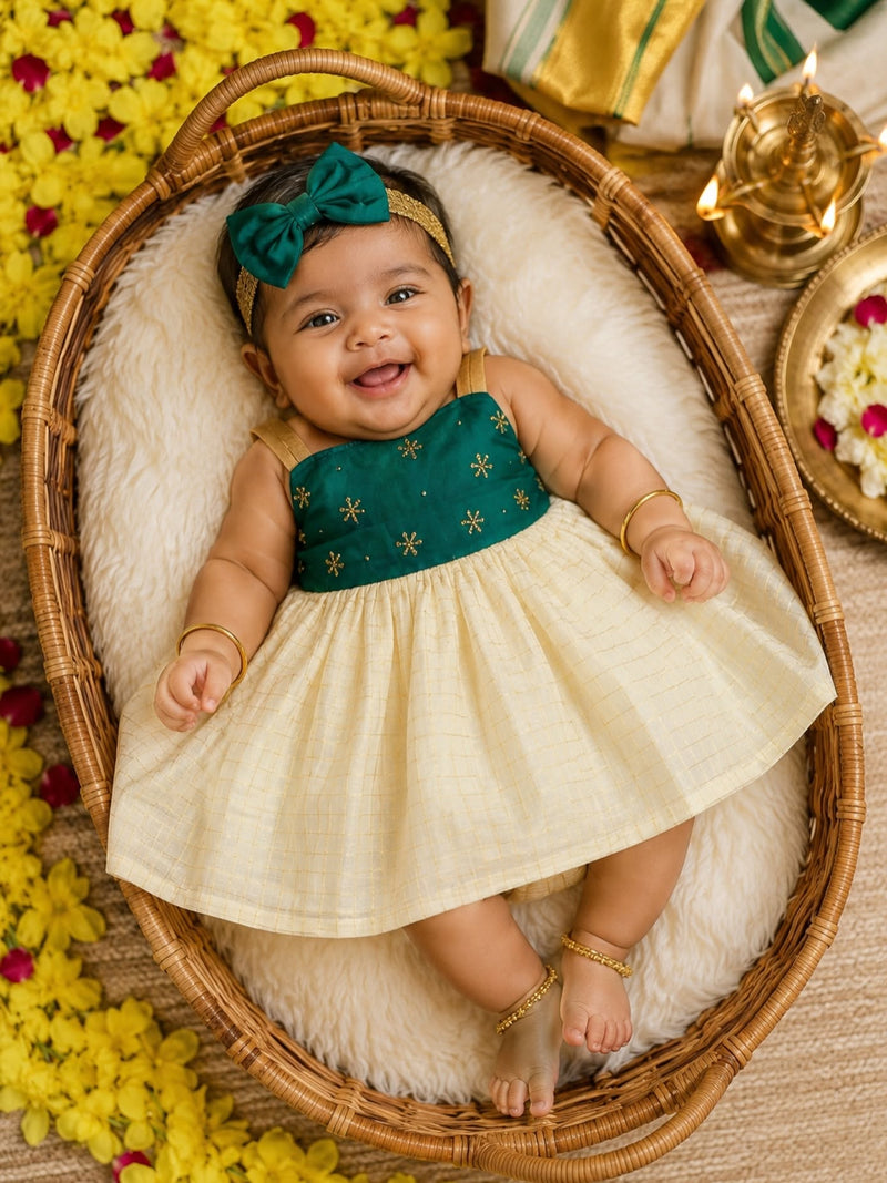 Premium Kasavu Cotton Frock - Ramar Green Silk Fabric with Cotton Fabric  - Noolukettu Special