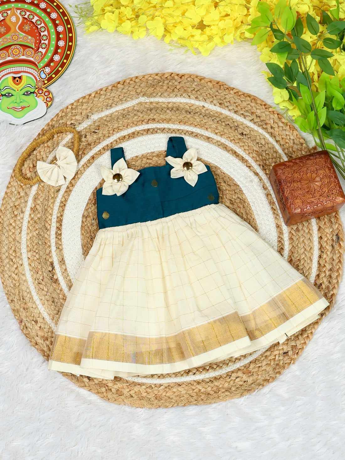 Premium Kasavu Cotton Frock with Ramar Blue Raw Silk  - Noolukettu Special